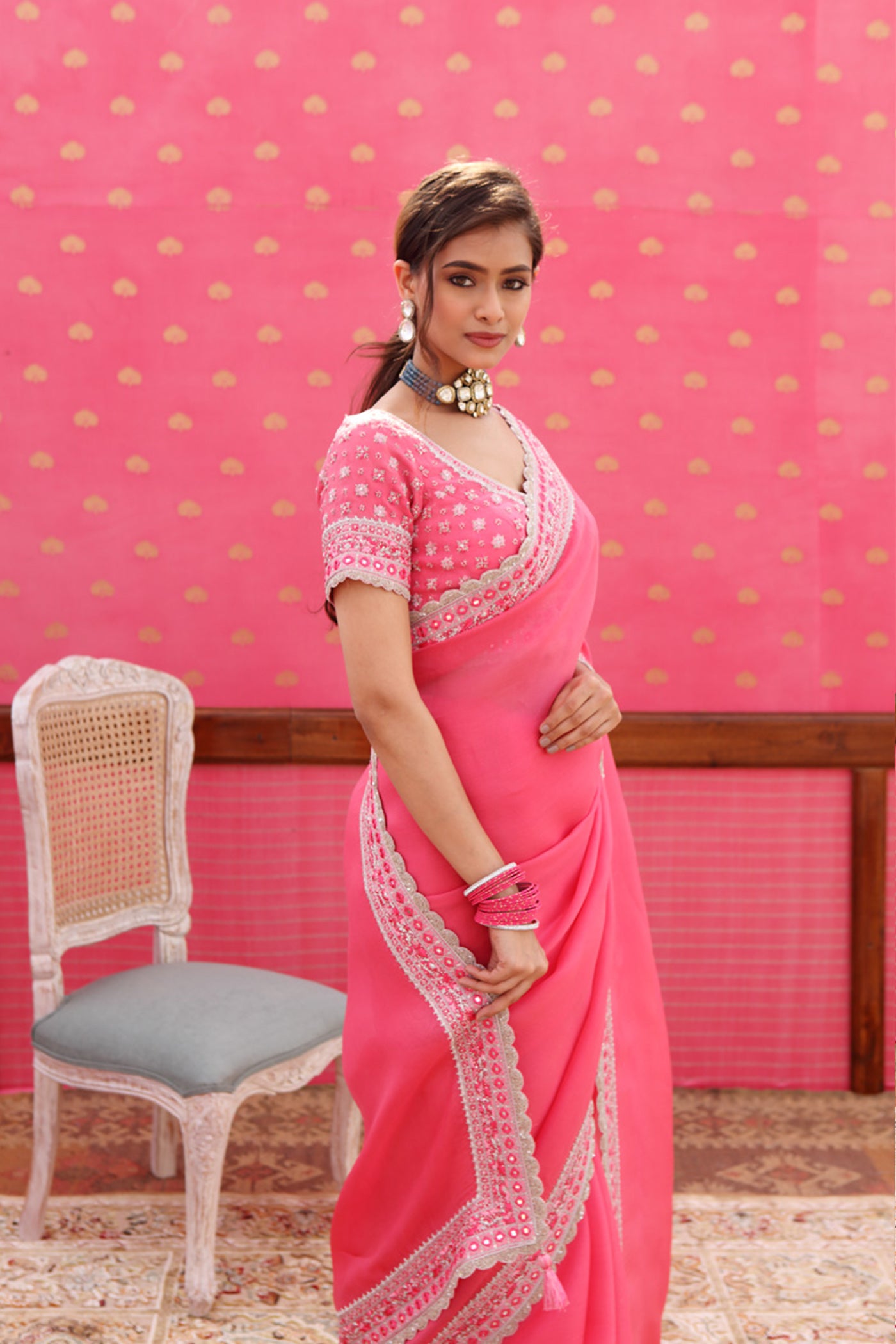 Hand-Embroidered Candy-Pink Pure Silk- Organza Saree-Blouse Set