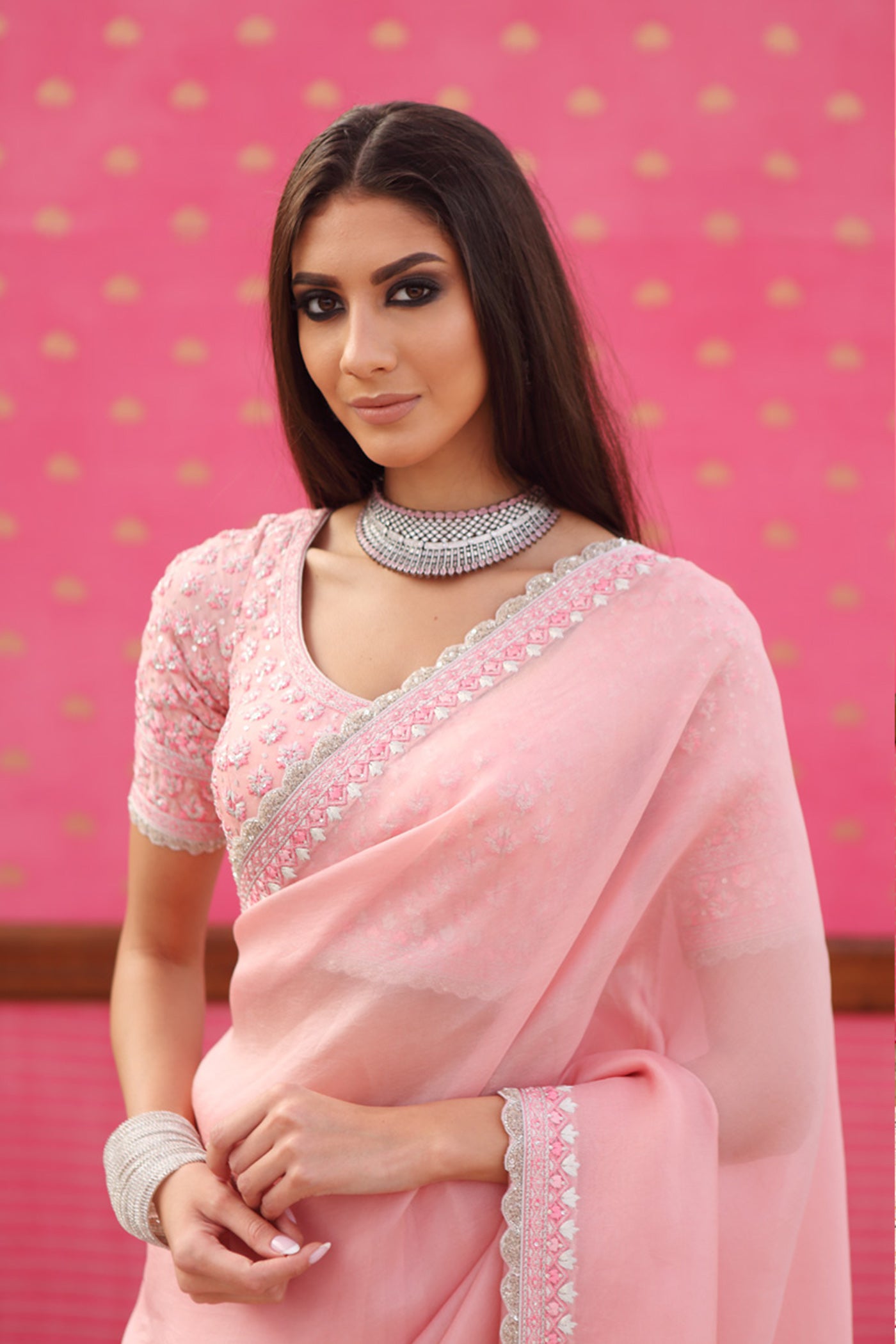 Hand-Embroidered Light-Pink Pure Silk-Organza Saree-Blouse Set