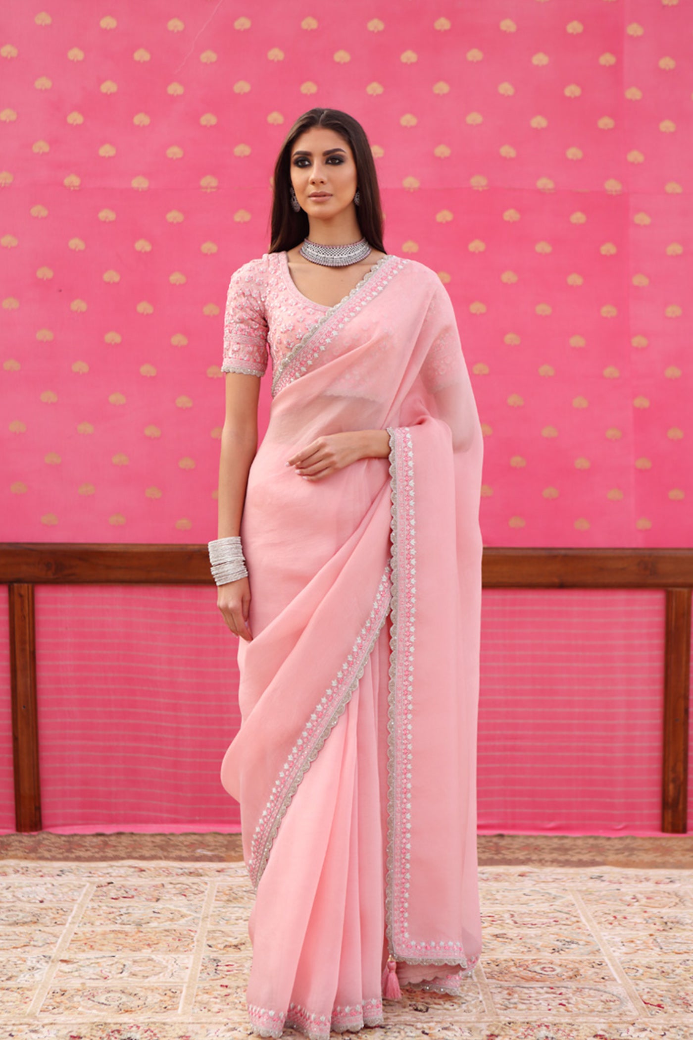 Hand-Embroidered Light-Pink Pure Silk-Organza Saree-Blouse Set