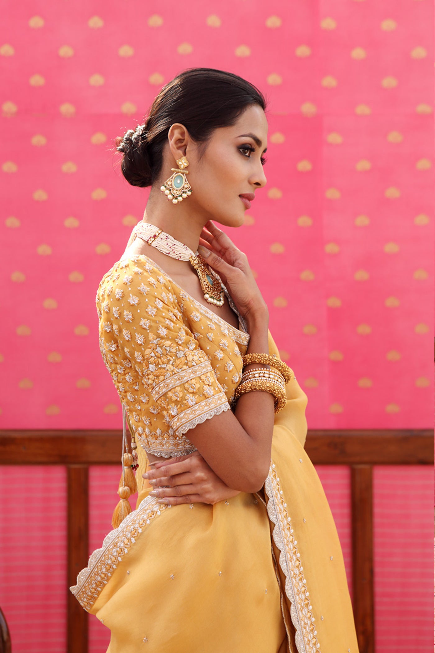 Hand-Embroidered Mango Gold-Yellow Saree-Blouse Set