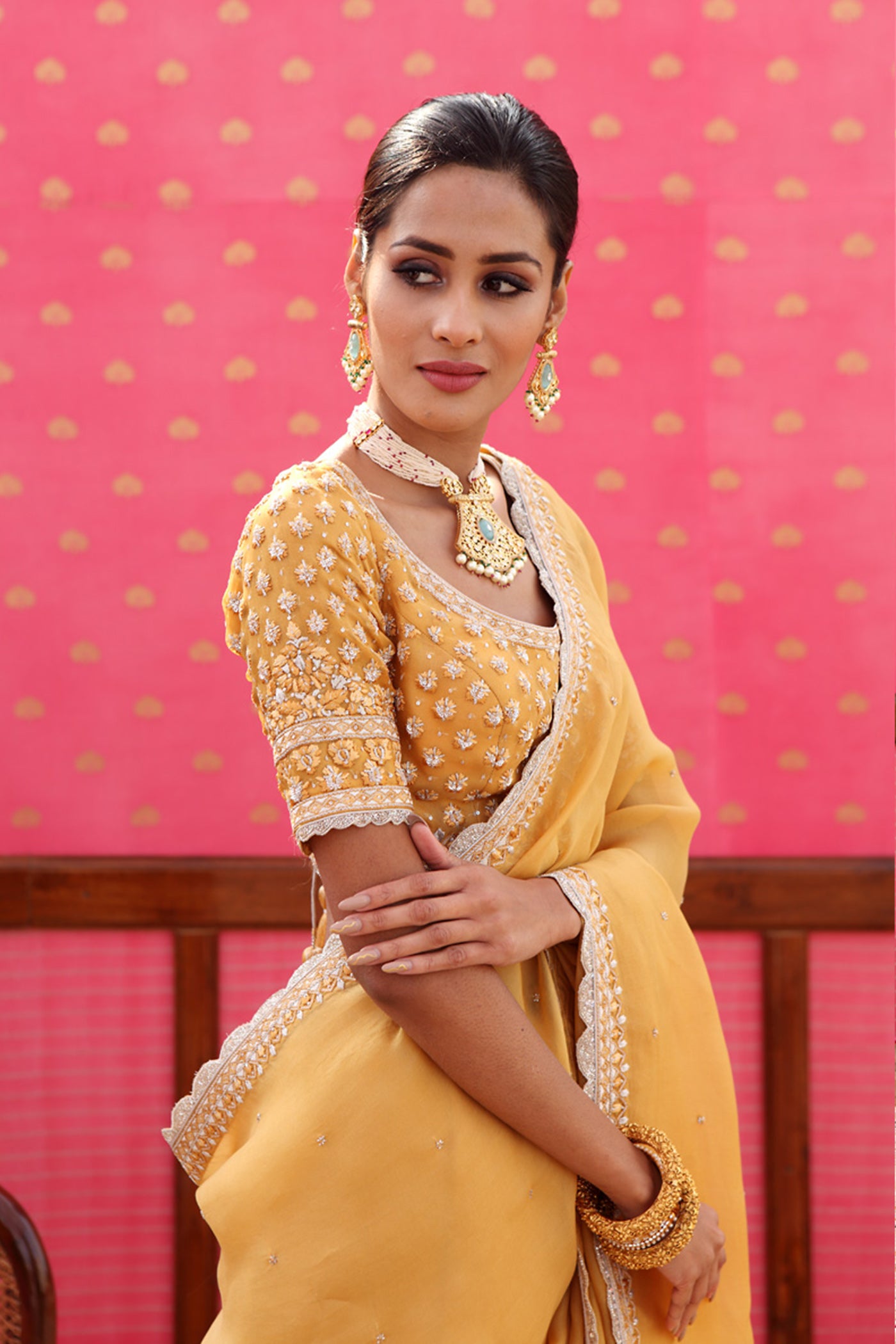 Hand-Embroidered Mango Gold-Yellow Saree-Blouse Set