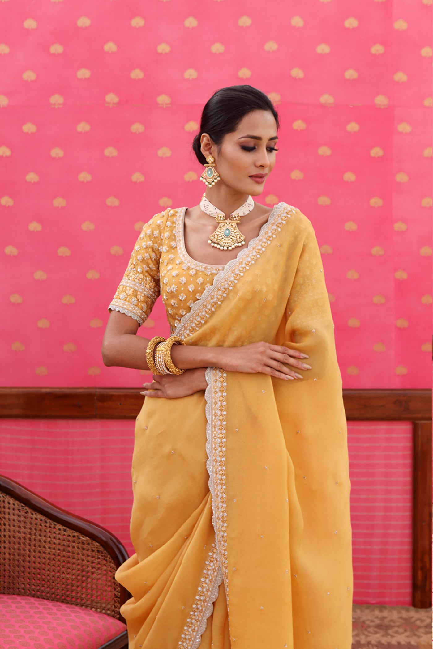 Hand-Embroidered Mango Gold-Yellow Saree-Blouse Set