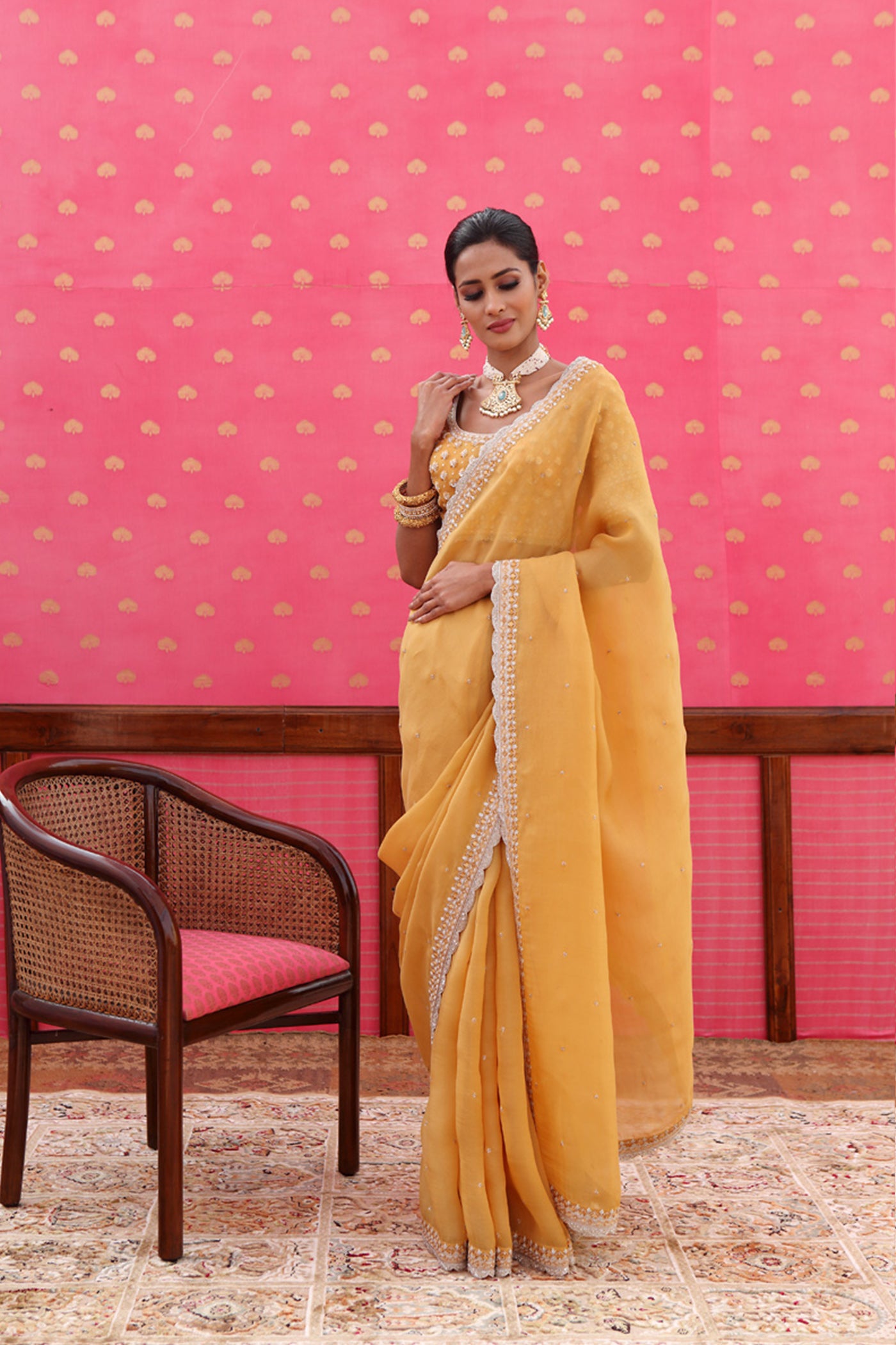 Hand-Embroidered Mango Gold-Yellow Saree-Blouse Set