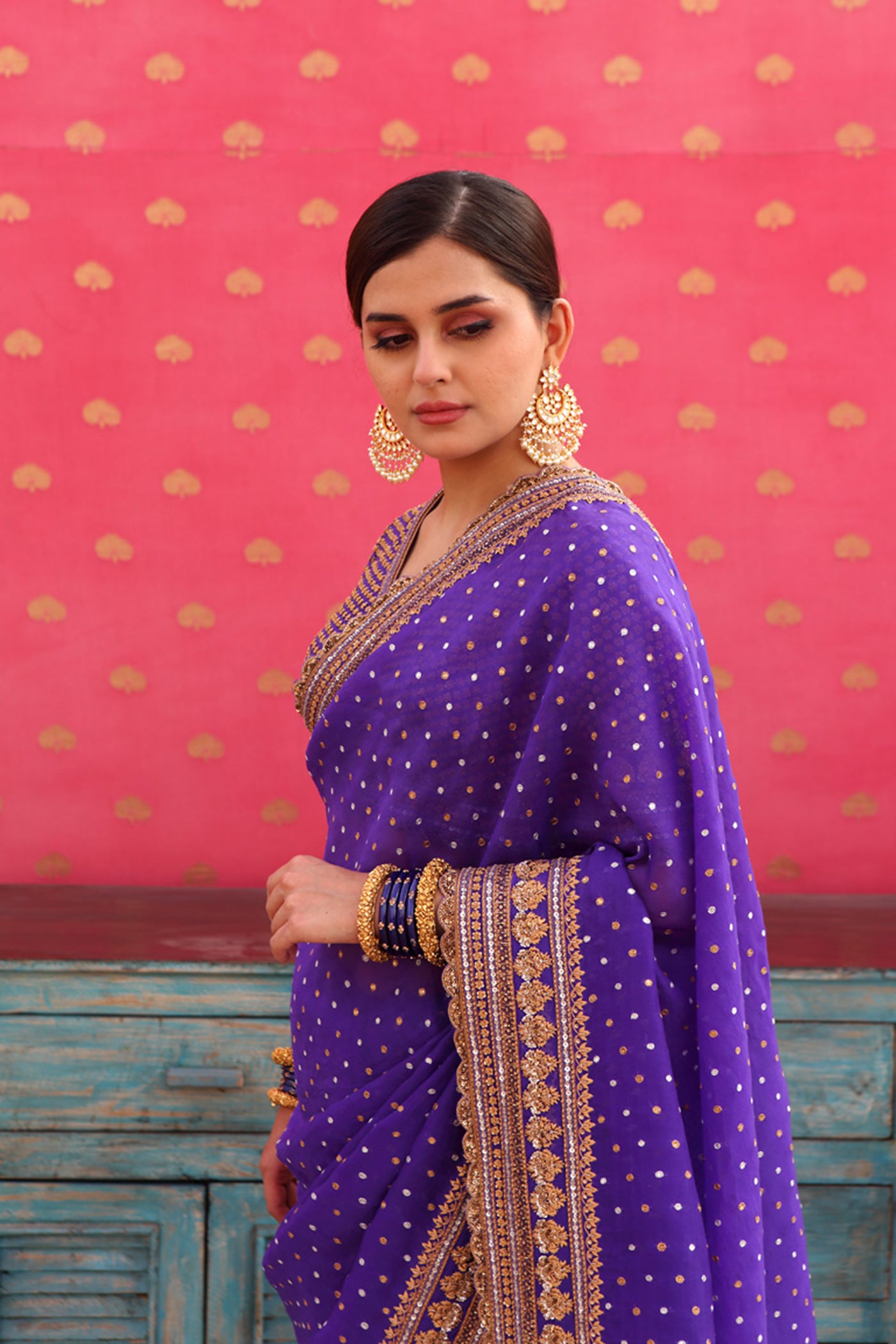 Hand-Embroidered Deep Purple-Blue Pure Silk-Organza Saree-Blouse Set