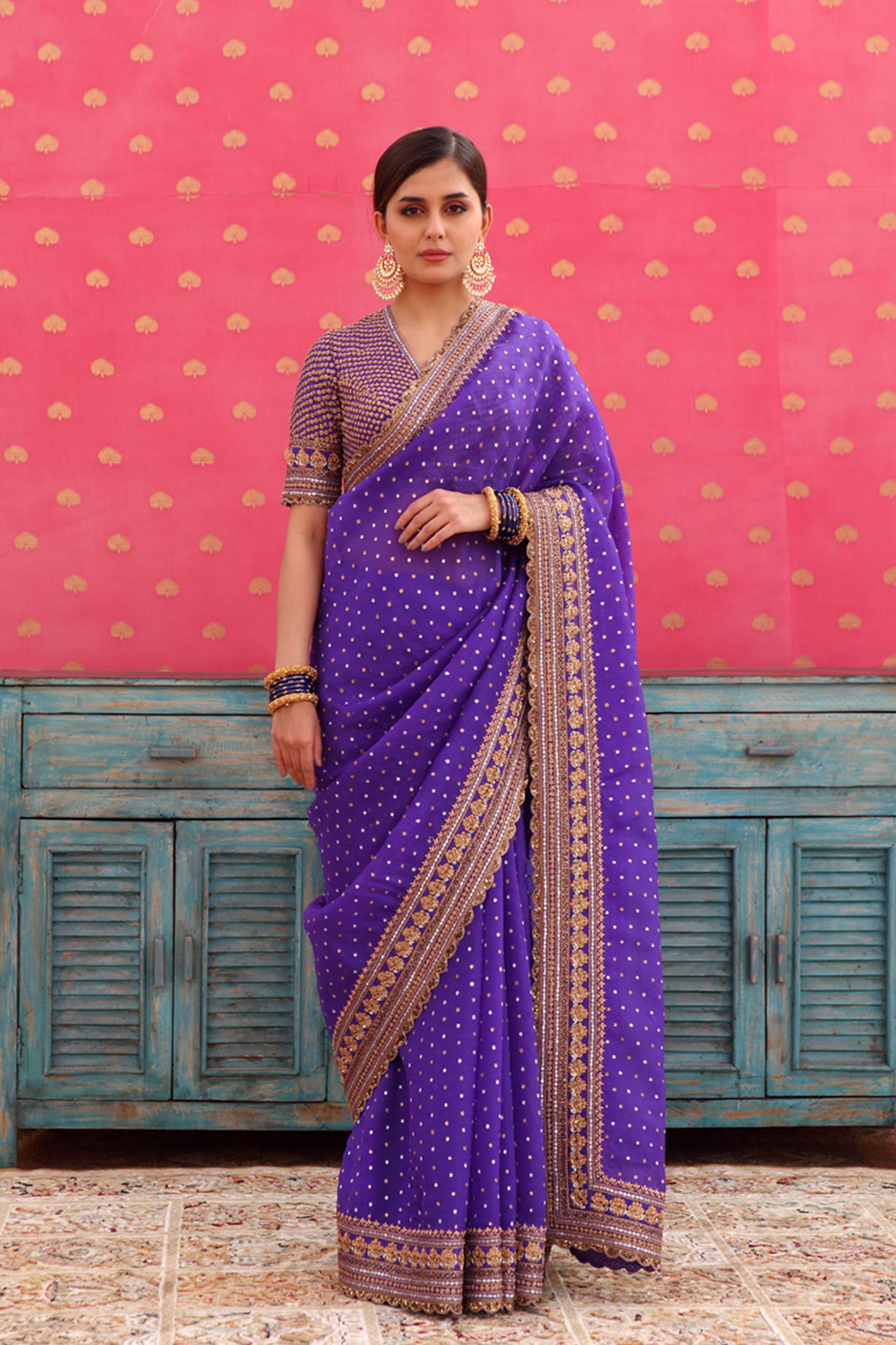 Hand-Embroidered Deep Purple-Blue Pure Silk-Organza Saree-Blouse Set