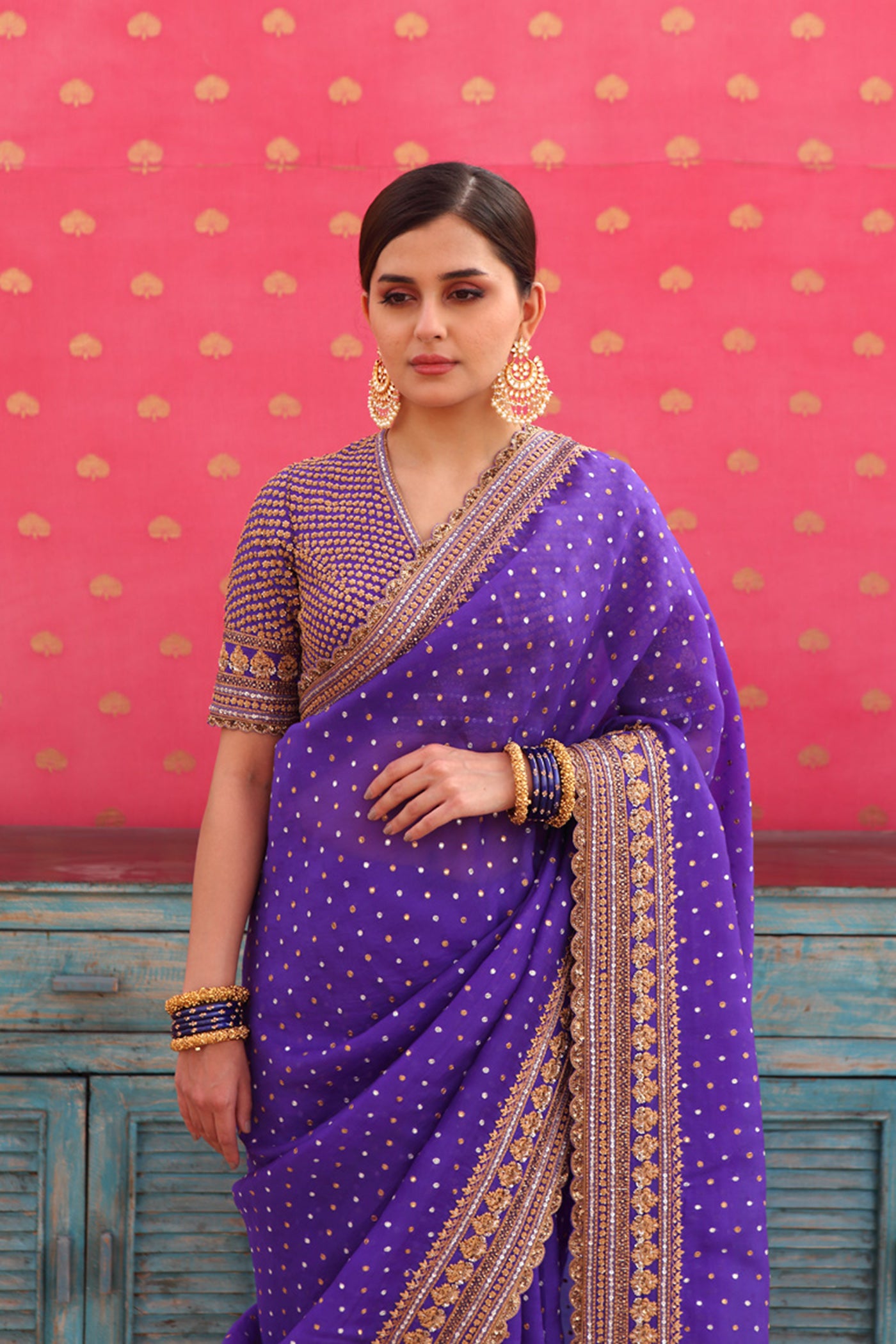Hand-Embroidered Deep Purple-Blue Pure Silk-Organza Saree-Blouse Set