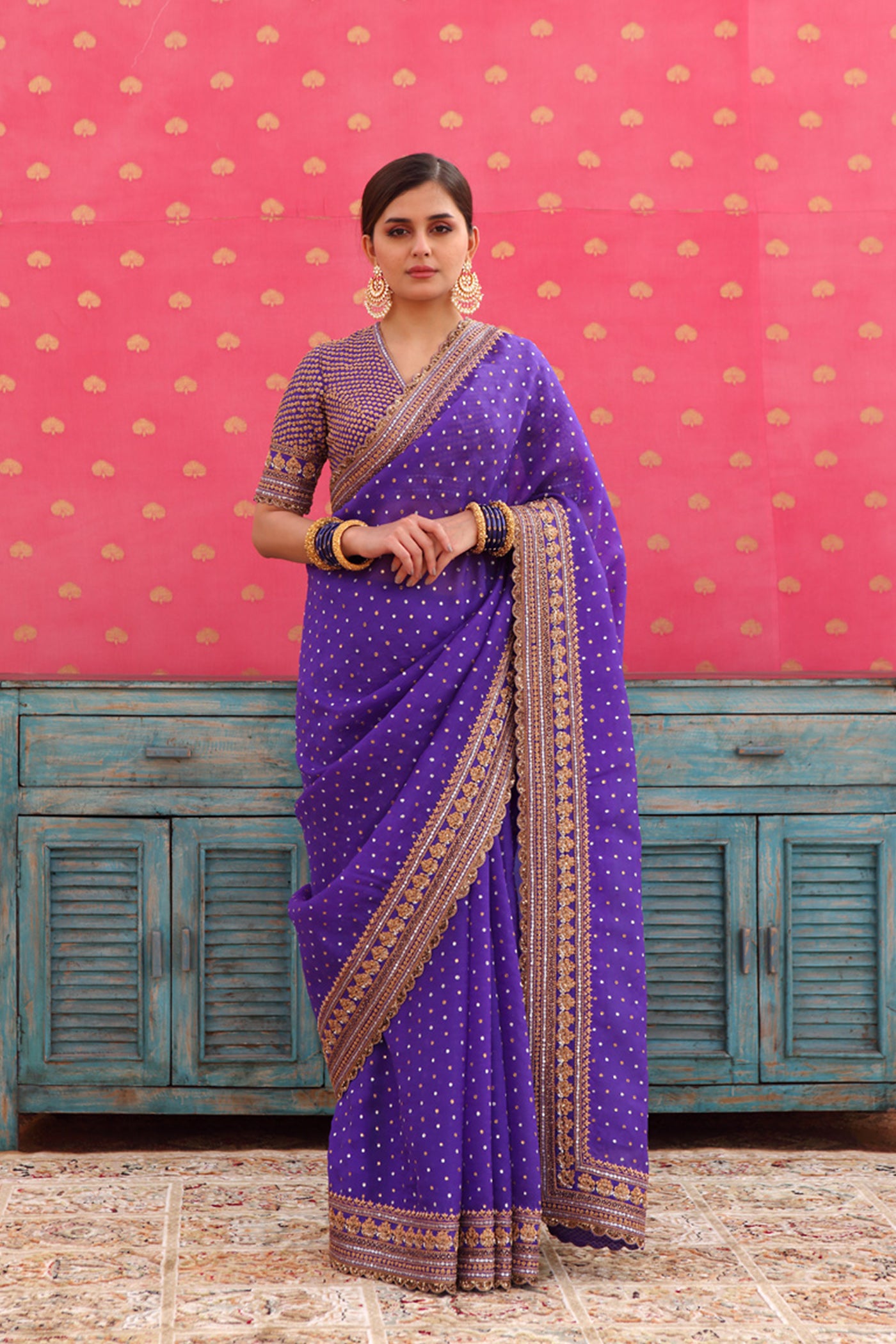 Hand-Embroidered Deep Purple-Blue Pure Silk-Organza Saree-Blouse Set