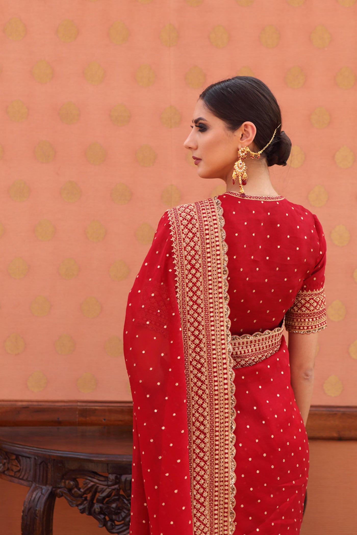 Hand-Embroidered Dahlia-Red Pure Silk-Organza Saree-Blouse Set