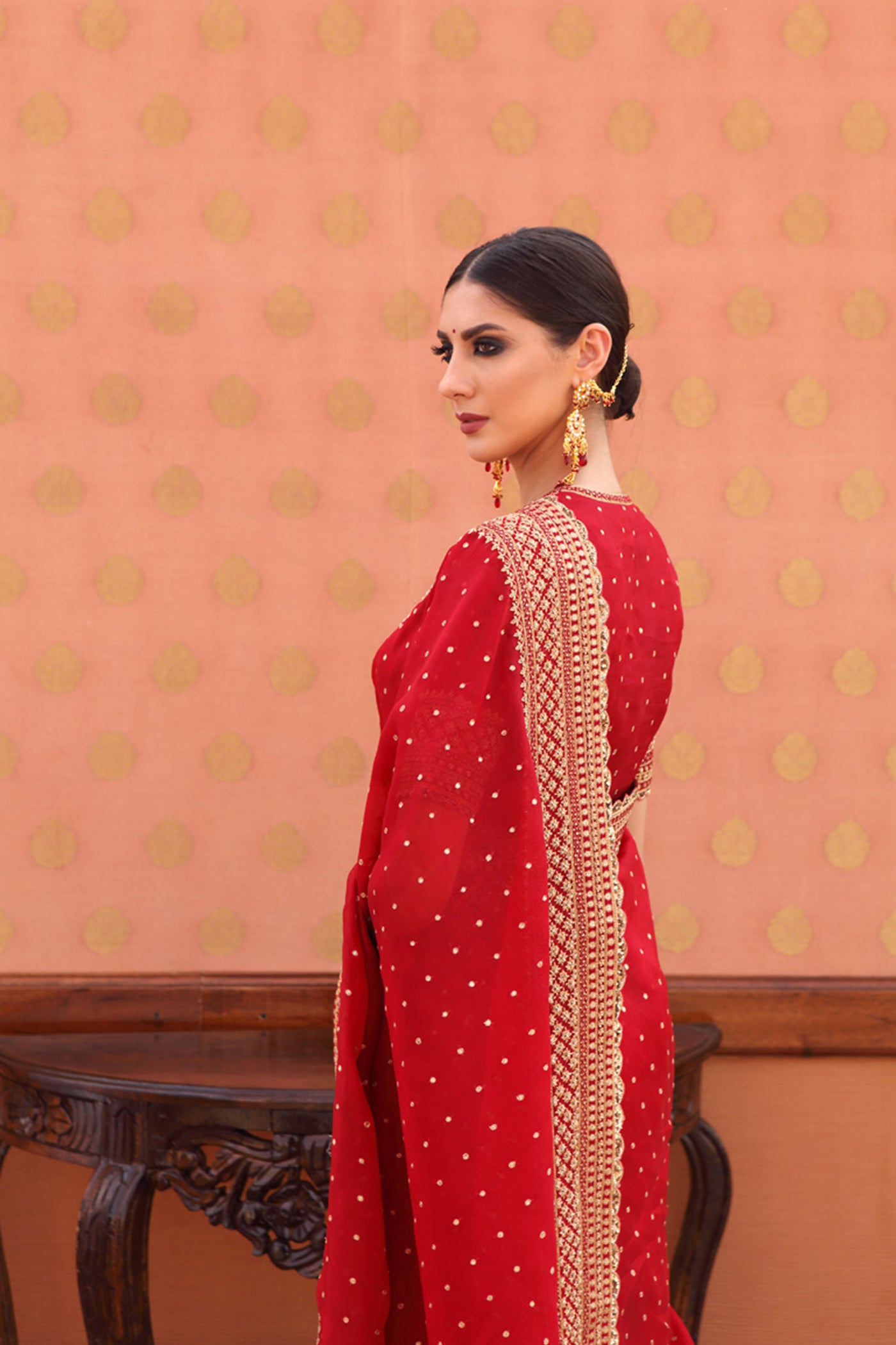 Hand-Embroidered Dahlia-Red Pure Silk-Organza Saree-Blouse Set