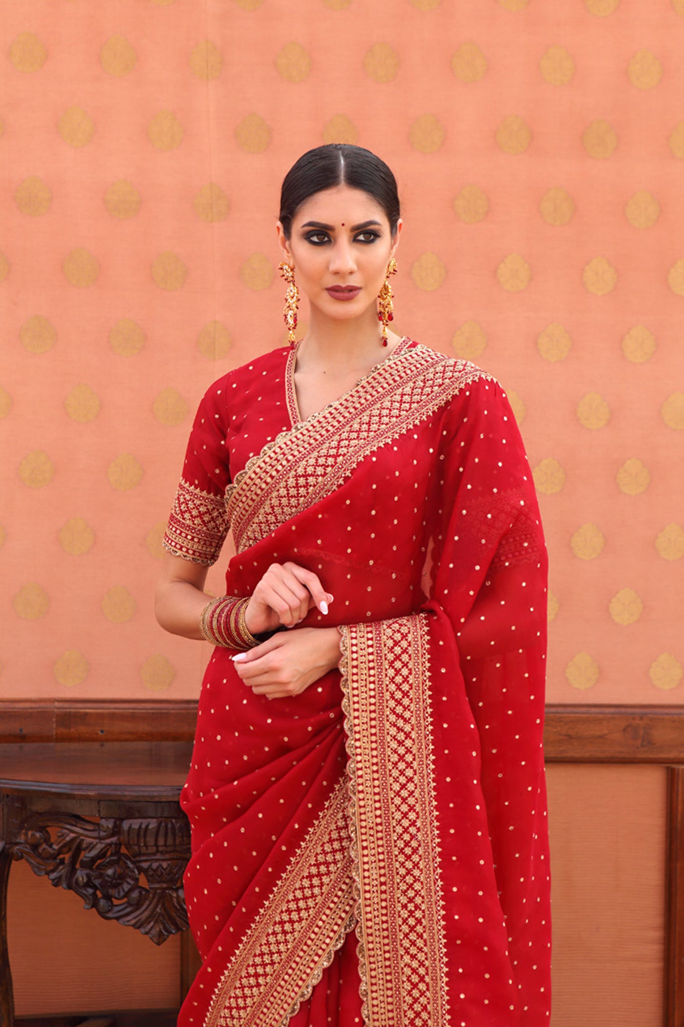 Hand-Embroidered Dahlia-Red Pure Silk-Organza Saree-Blouse Set
