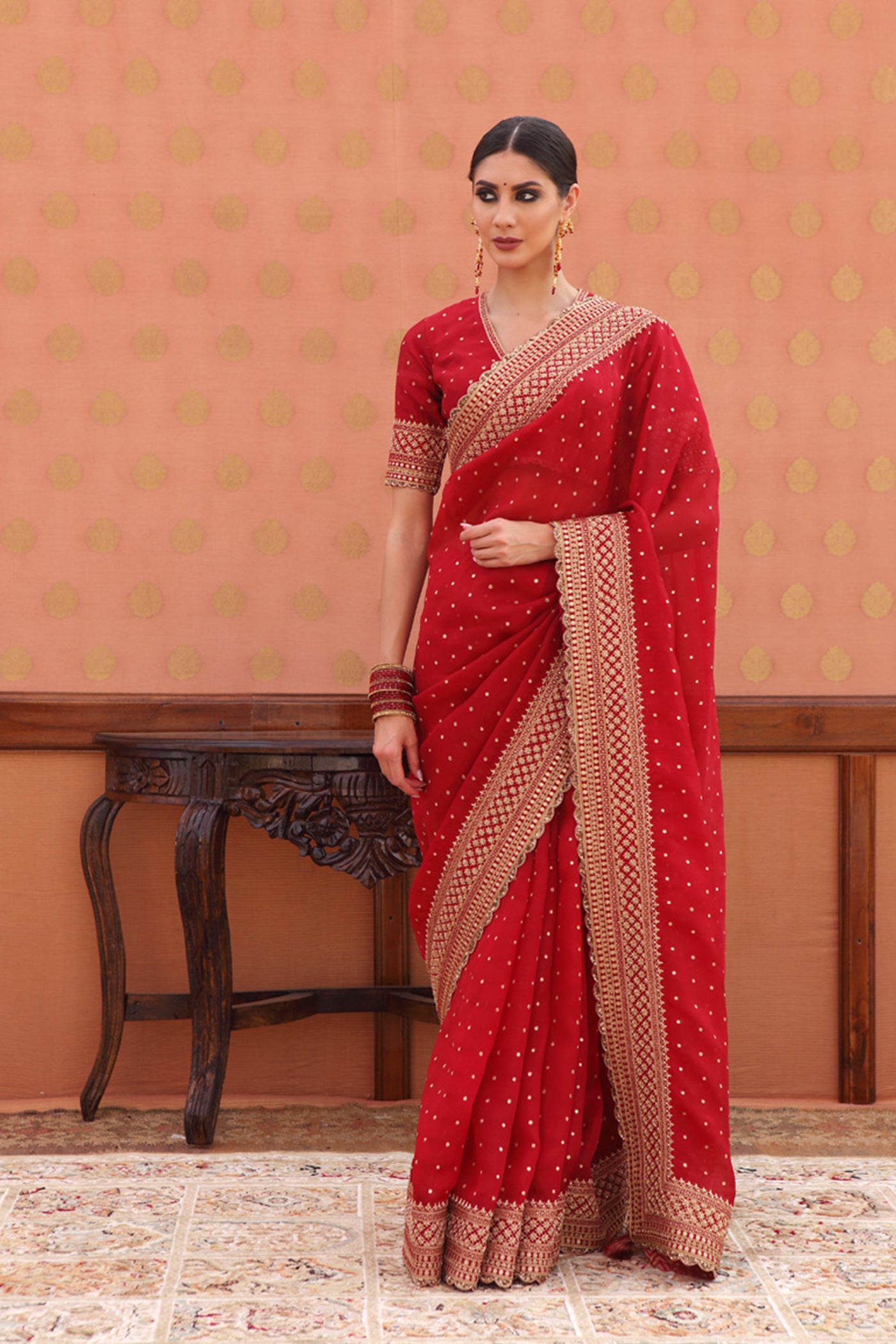 Hand-Embroidered Dahlia-Red Pure Silk-Organza Saree-Blouse Set