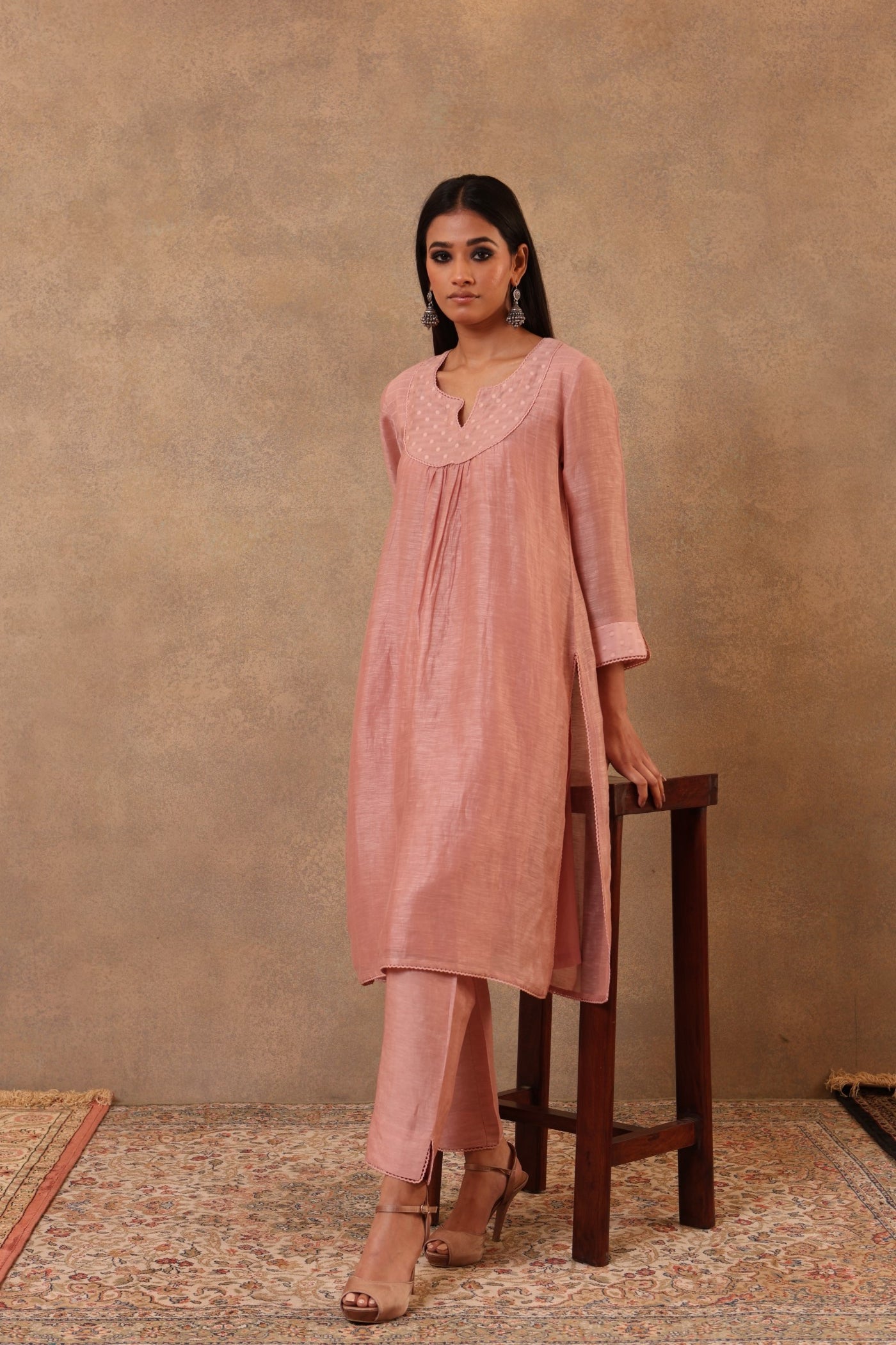 Old-Rose Co-Ord Set: Pure Silk-Linen Long Tunic Paired With Linen Blend (Viscose) Trousers