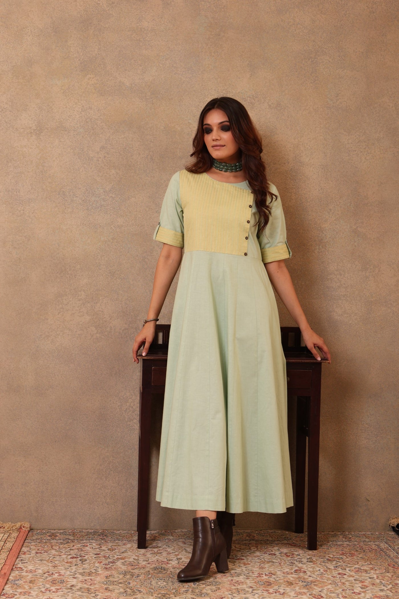 Green & Lime Pure Linen-Cotton Long Dress With Threadwork Detail & Upturned Cuffs