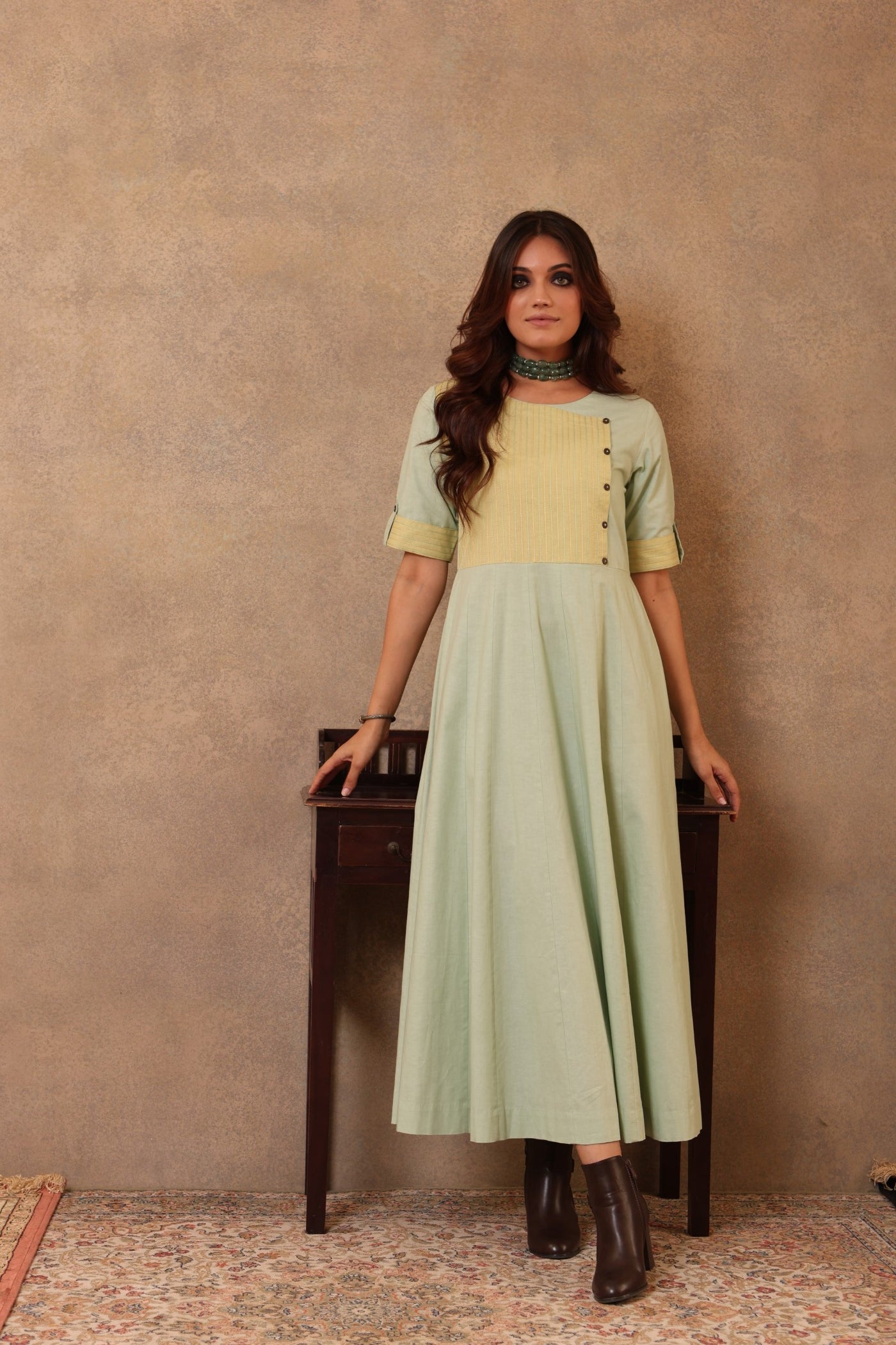 Green & Lime Pure Linen-Cotton Long Dress With Threadwork Detail & Upturned Cuffs