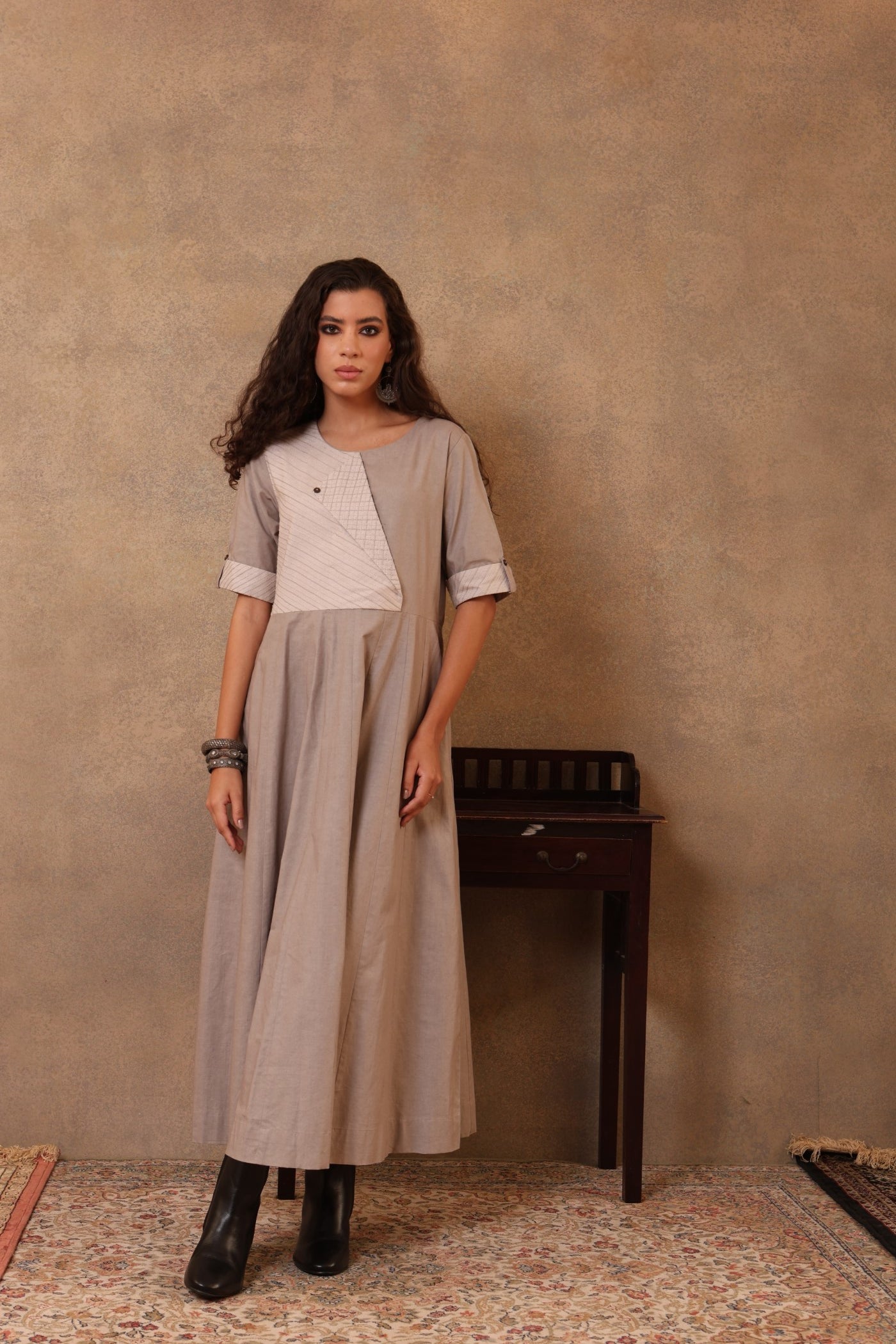 Grey & Light-Grey Pure Linen-Cotton Long Dress With Threadwork Detail & Upturned Cuffs