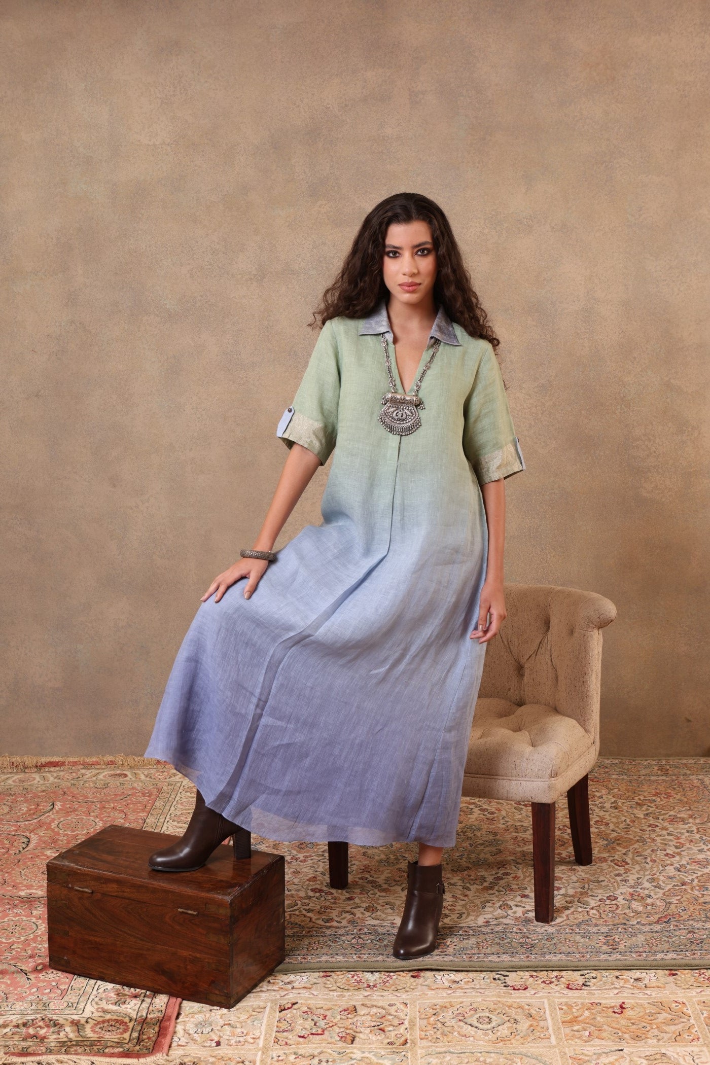 Green-Blue Ombre Dyed Handloom Pure Linen Collared Long Dress With Sho