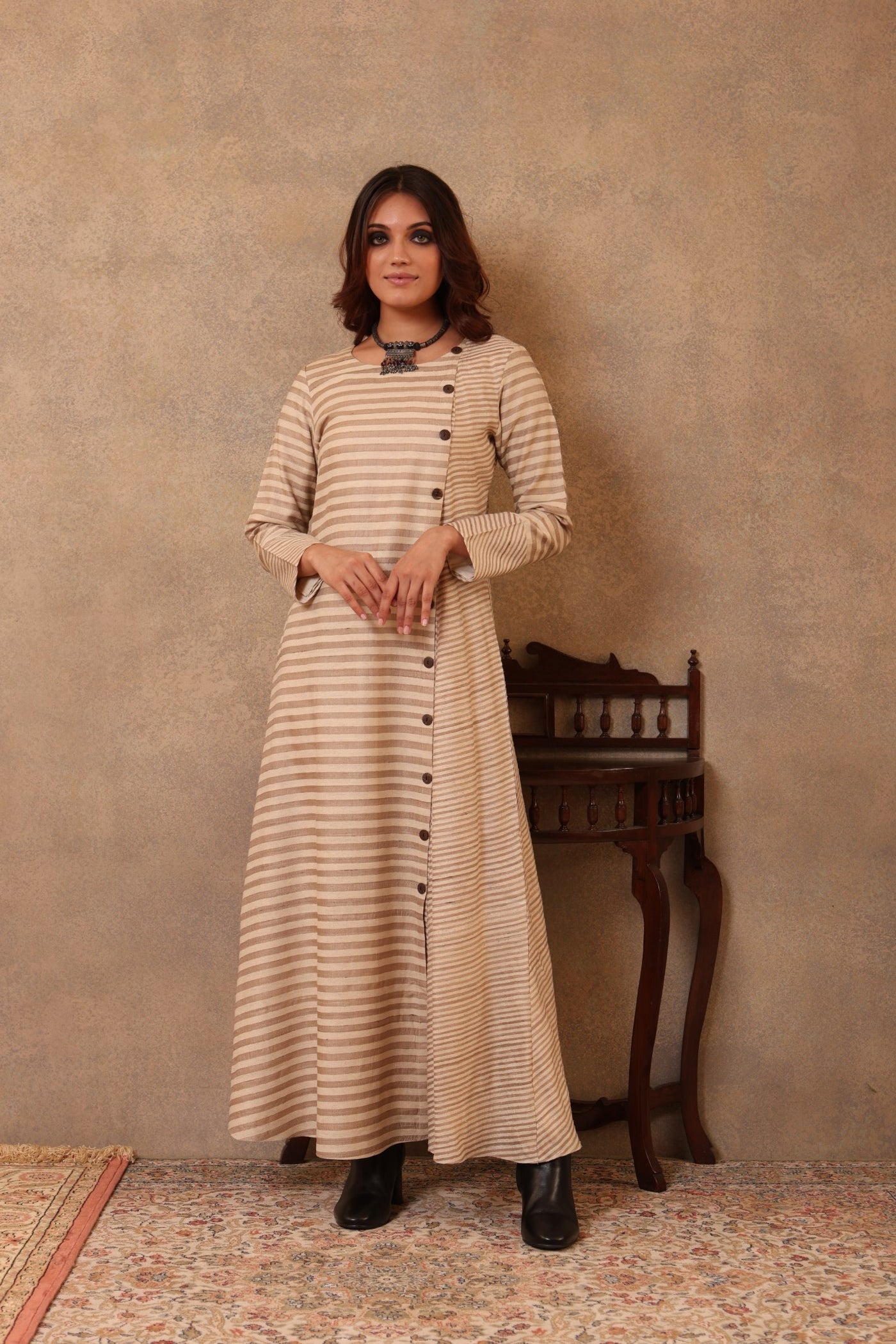 Khakhi & Off-White Handloom Pure Tussar-Noil Silk Long Dress With Buttons