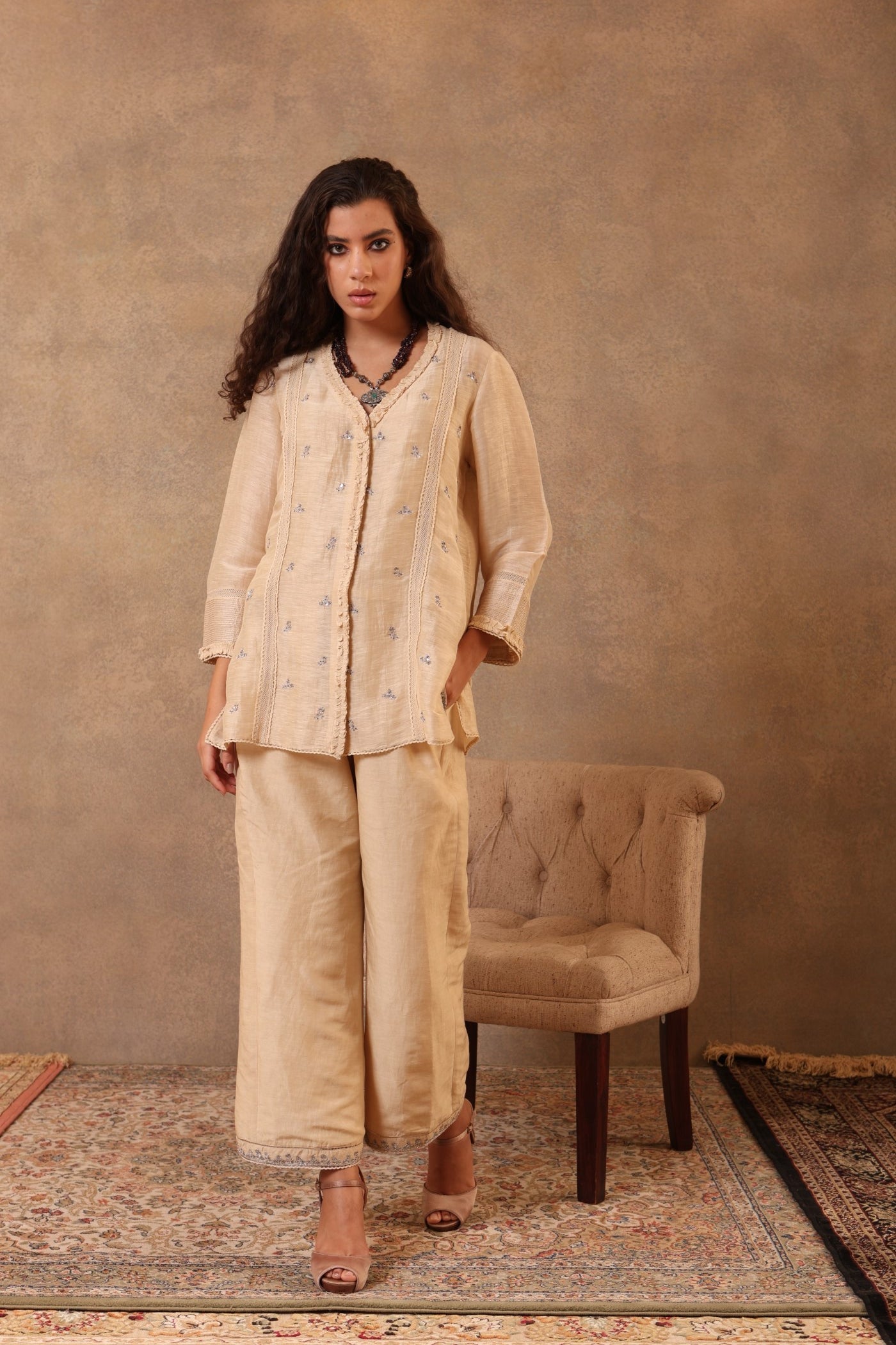 Ecru Hand-Embroidered Pure Linen-Silk Co-Ord Set