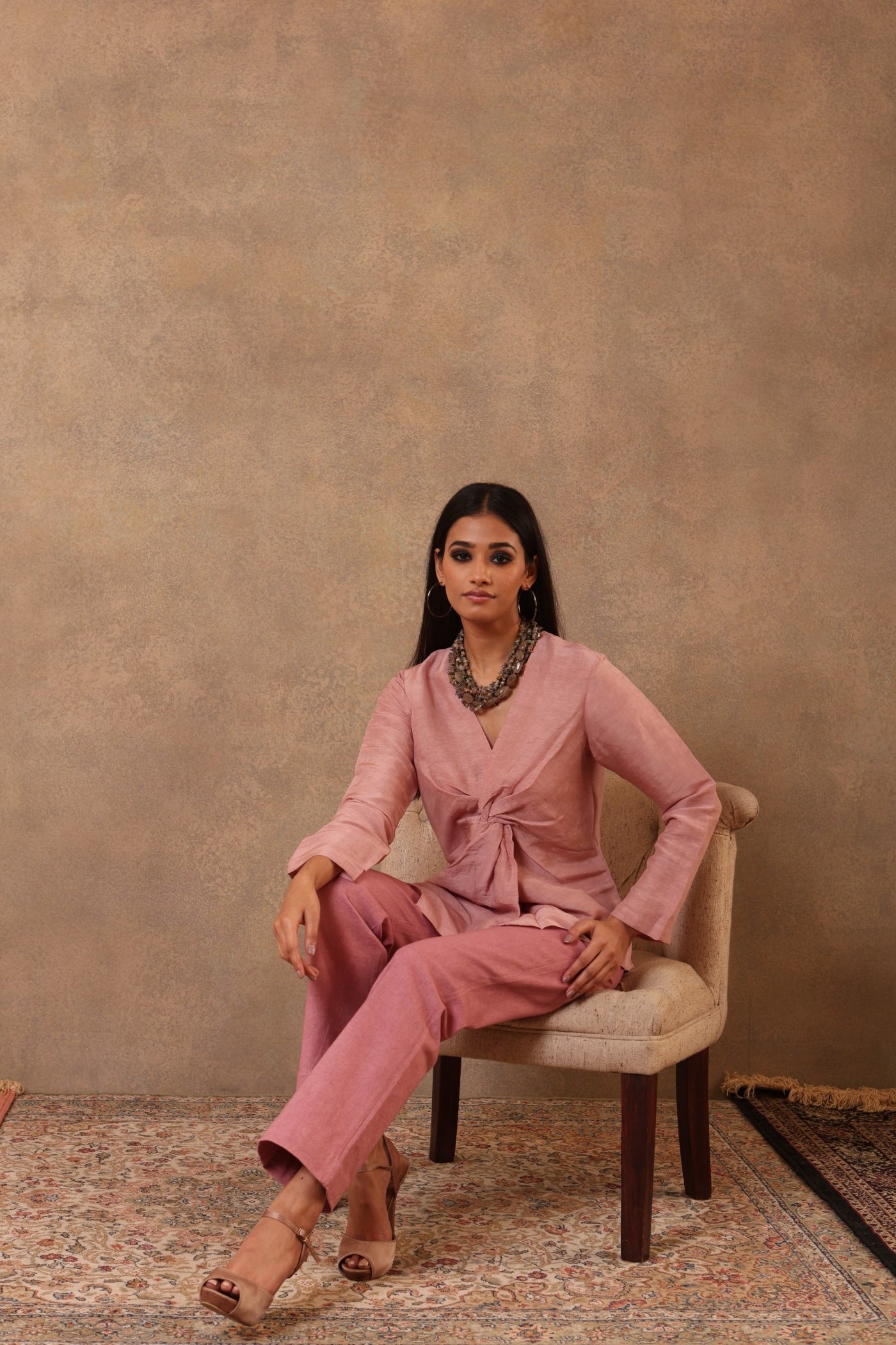 Dusty-Pink Pure Linen-Silk Knotted Short Blouse