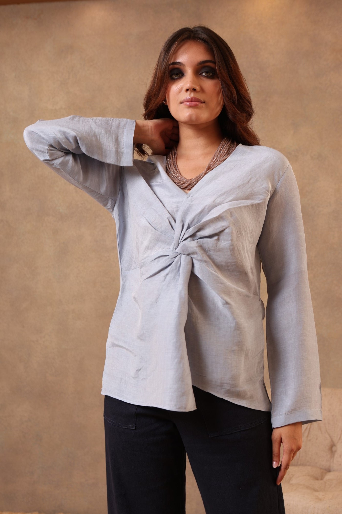 Forever-Blue Pure Linen-Silk Knotted Short Blouse