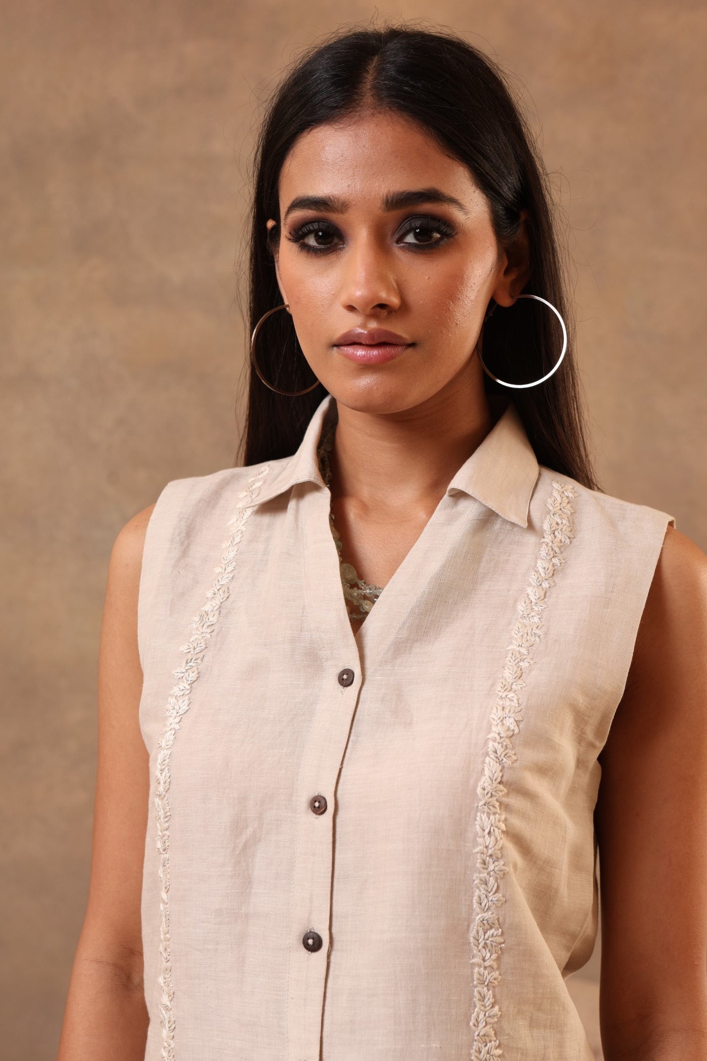 Beige-Grey Hand-Embroidered Handloom Pure Linen-Cotton Sleeveless Collared Short Blouse