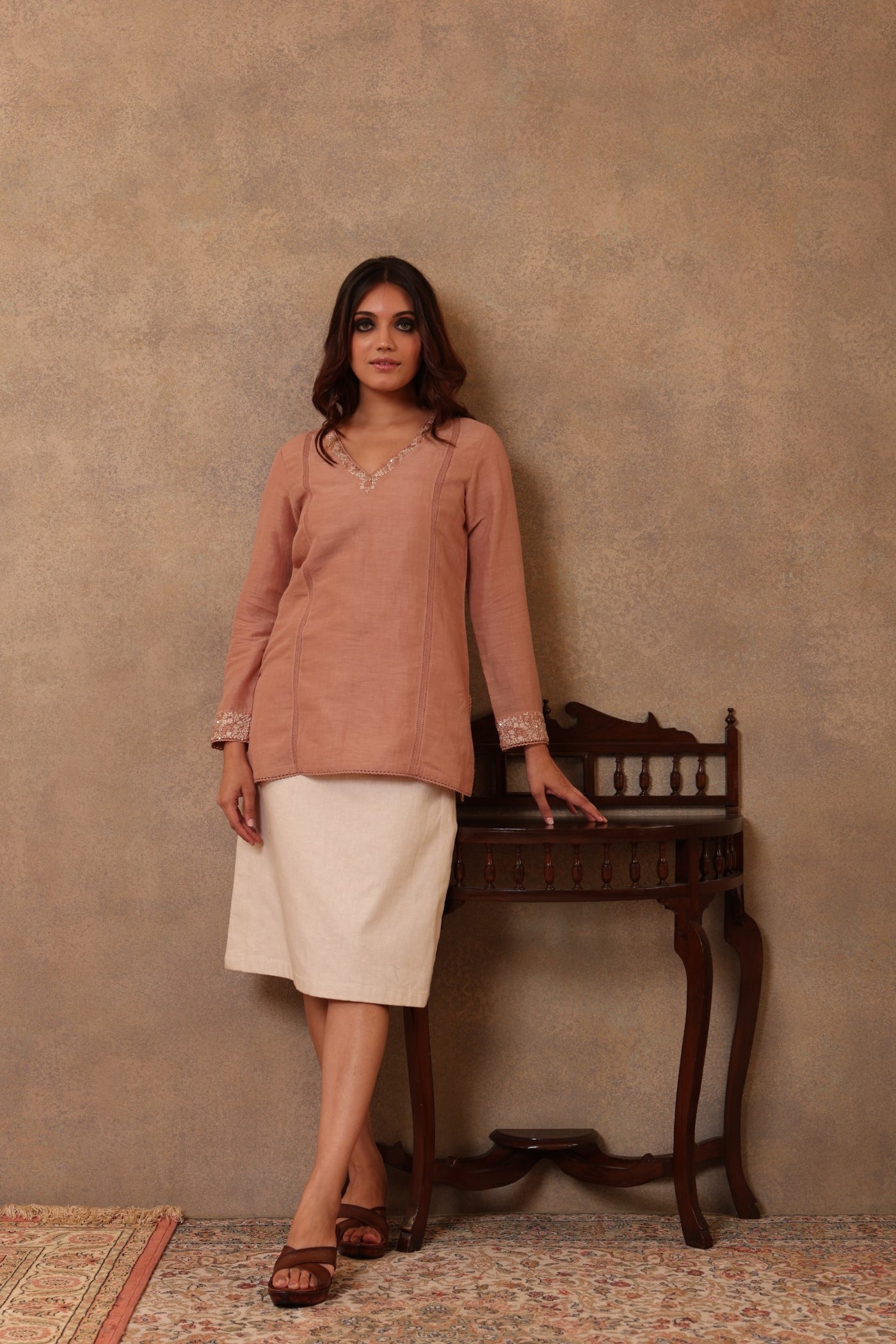 Evening-Sand Hand-Embroidered Handloom Pure Linen-Cotton Short Blouse With Cotton Laces
