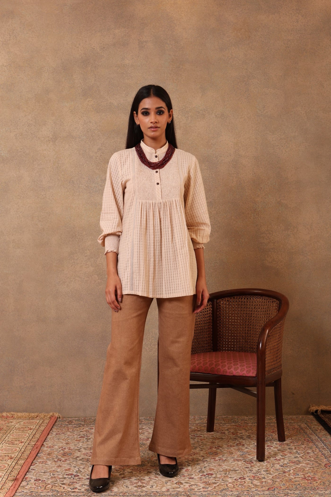 Sand-Beige Handloom Pure Cotton Self-Checks Short Blouse With Front Gathers