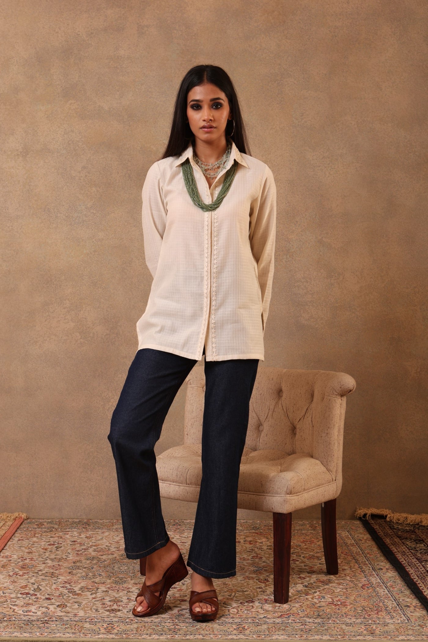 Light-Beige Hand-Embroidered Handloom Pure Cotton (Self-Checks) Collared Short Blouse
