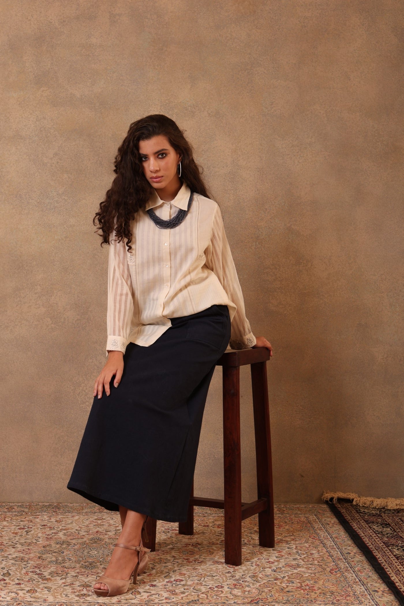 Light-Beige Hand-Embroidered Handloom Pure Cotton (Self-Checks & Stripes) Collared Short Blouse