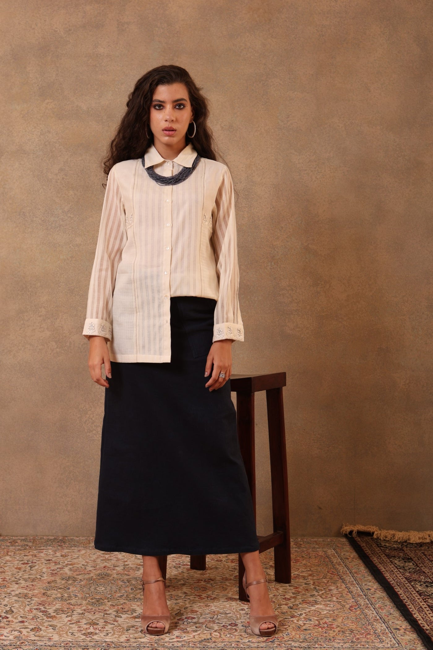 Light-Beige Hand-Embroidered Handloom Pure Cotton (Self-Checks & Stripes) Collared Short Blouse