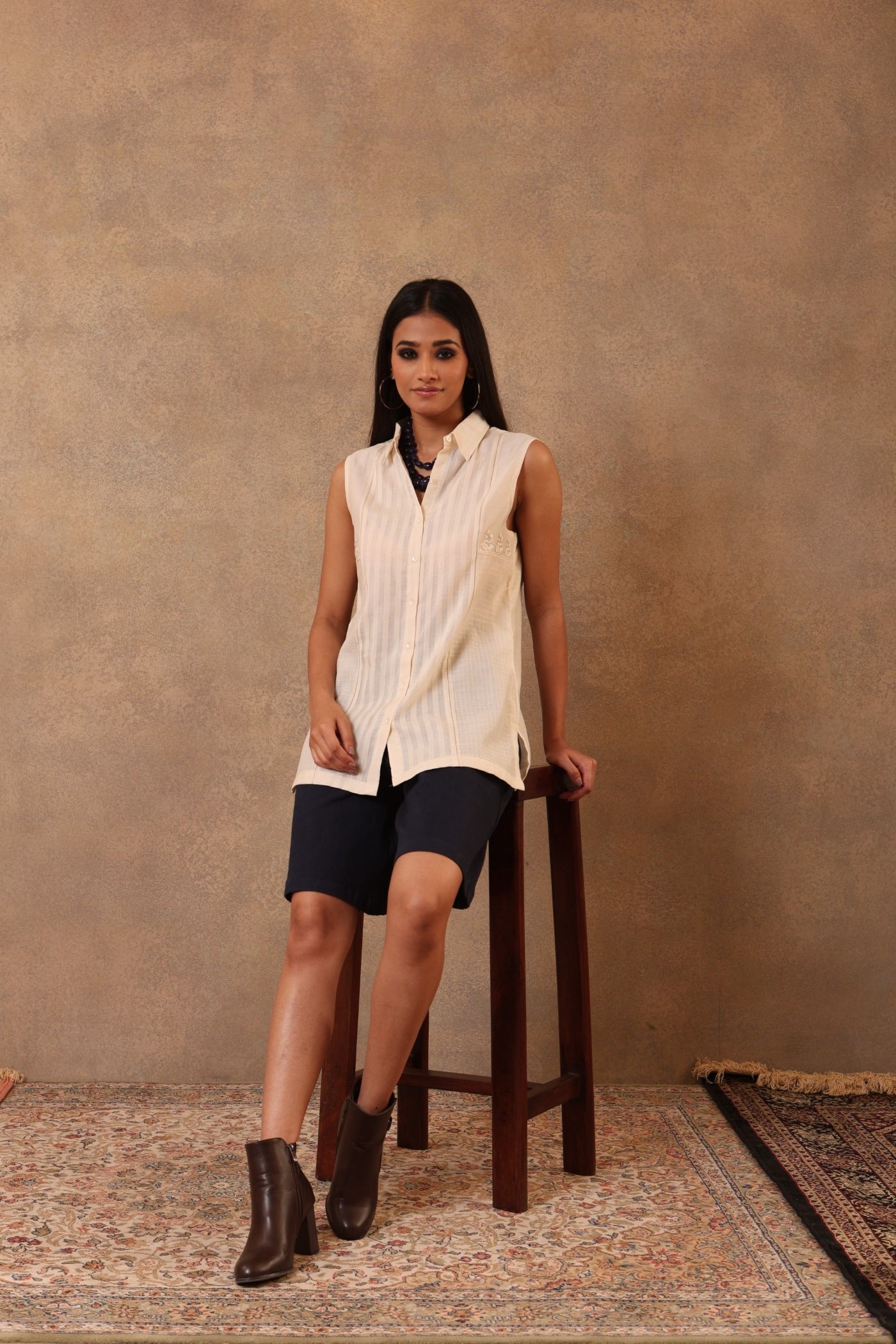 Light-Beige Hand-Embroidered Handloom Pure Cotton (Self-Checks & Stripes) Sleeveless Collared Short Blouse