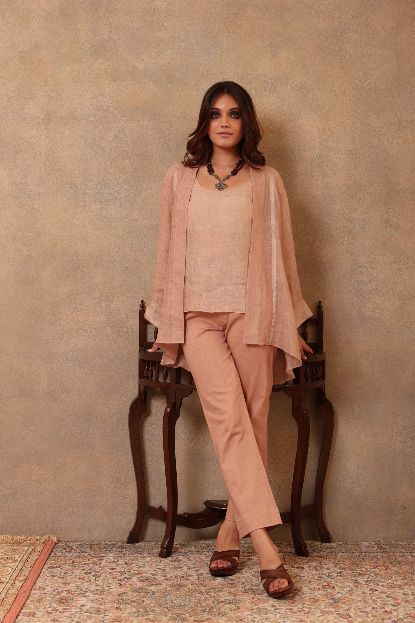 Pink-Sand Handloom Pure Linen Open-Style Short Blouse With An Inner