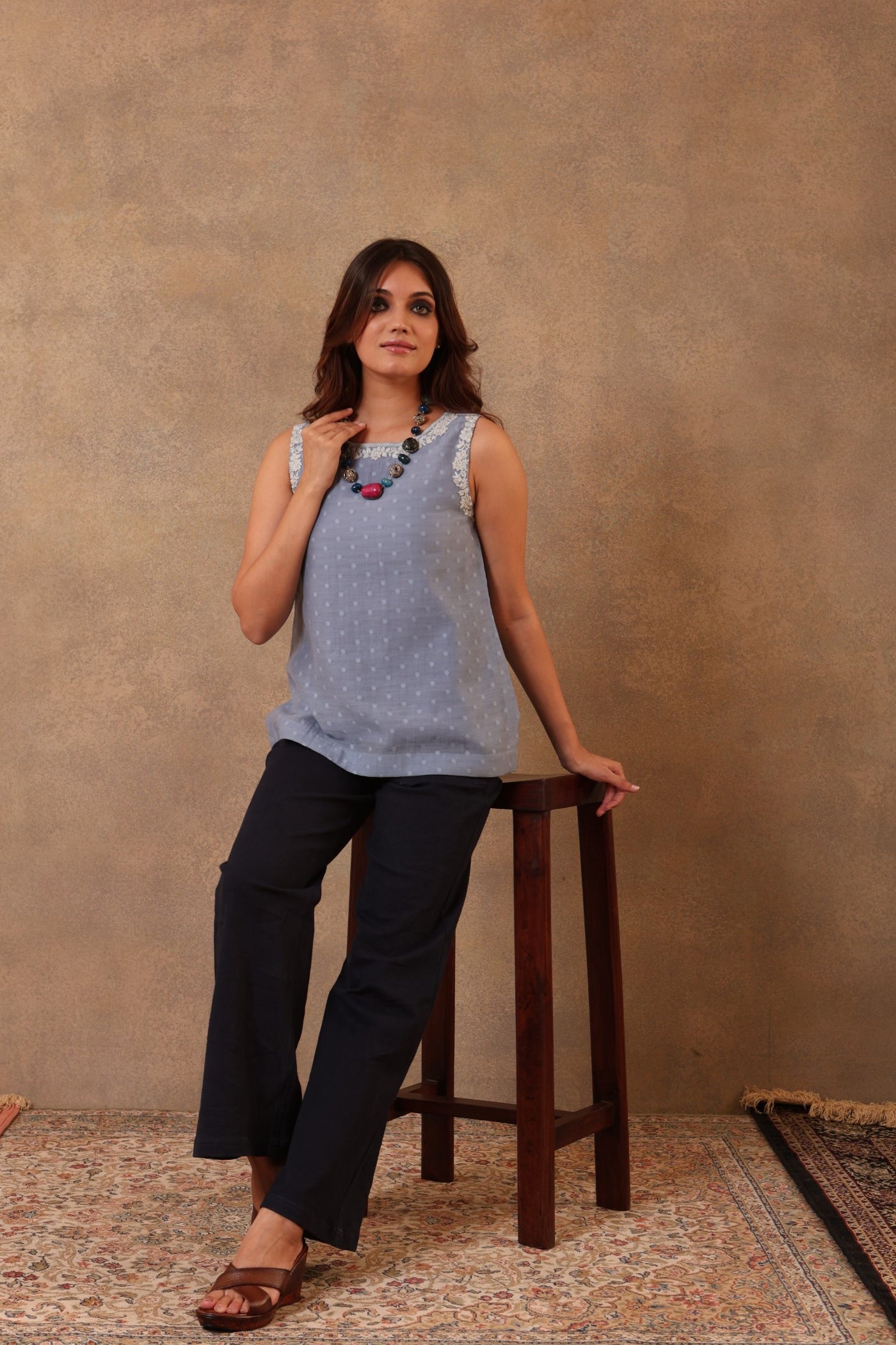 Indigo-Blue Hand-Embroidered Pure Silk-Cotton (Polka Dots) Sleeveless Short Blouse