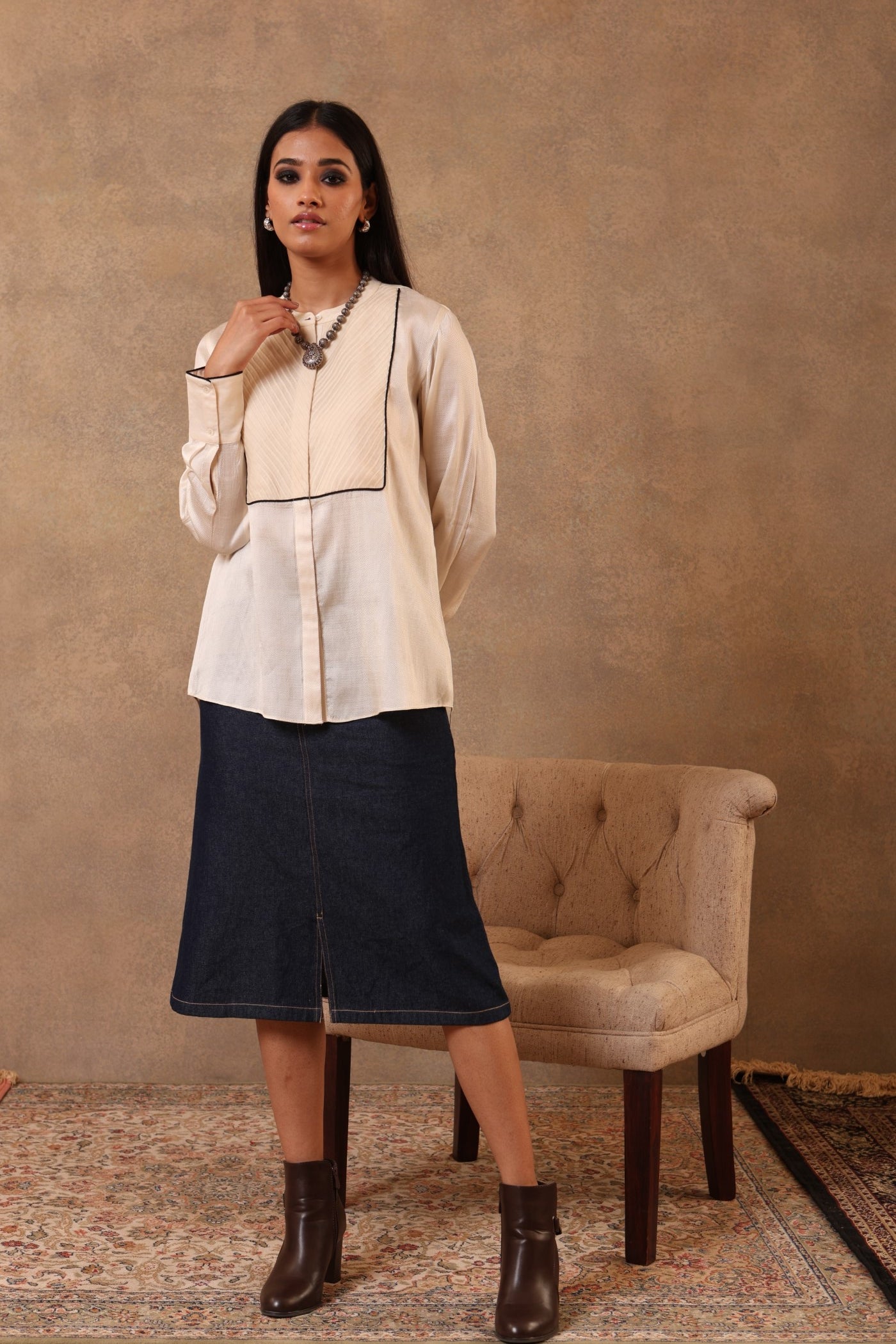 Ivory Pure Silk (Twill Weave) Short Blouse With Pintucked Yoke