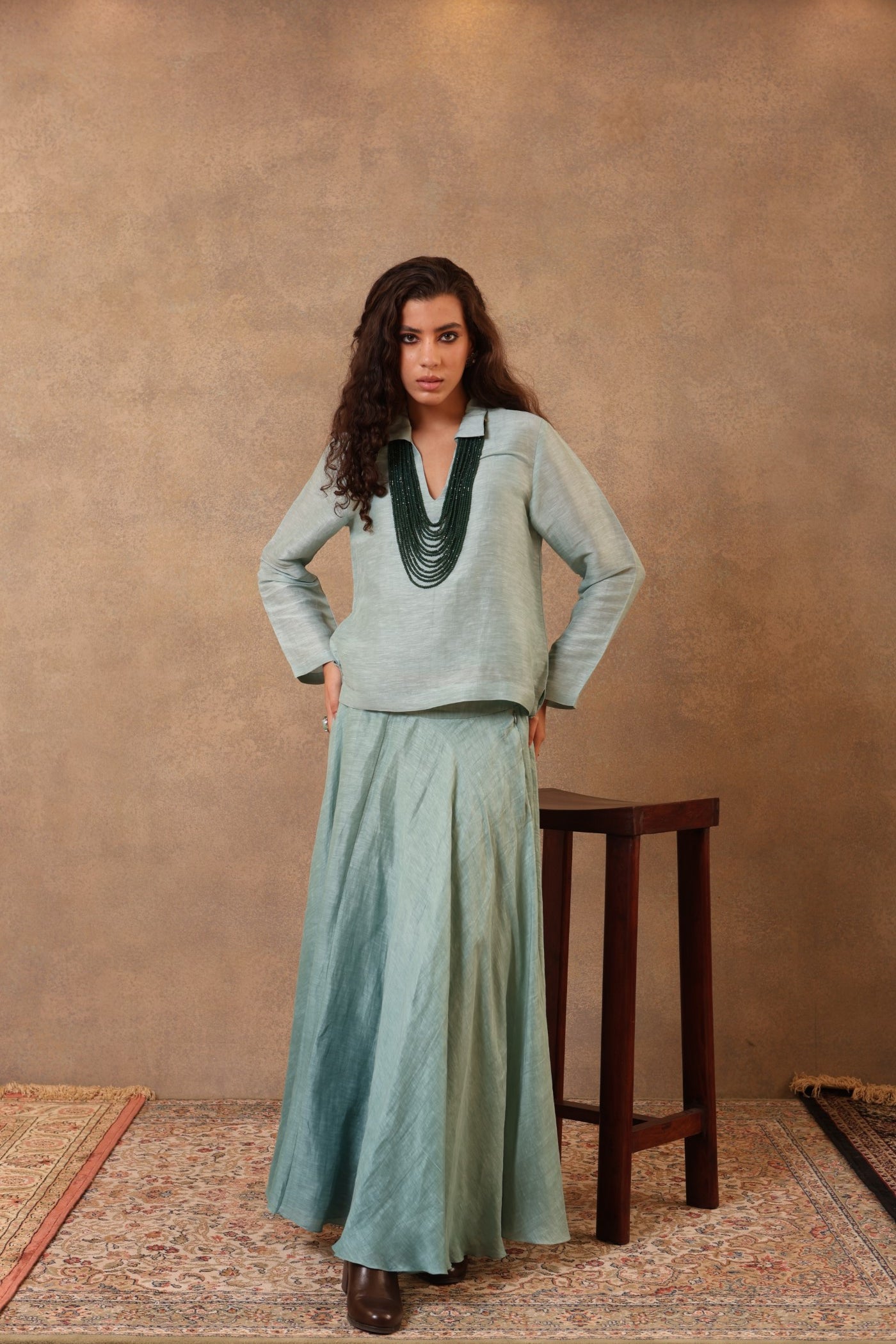 Aqua-Sea Blue Pure Linen-Silk Flared Skirt