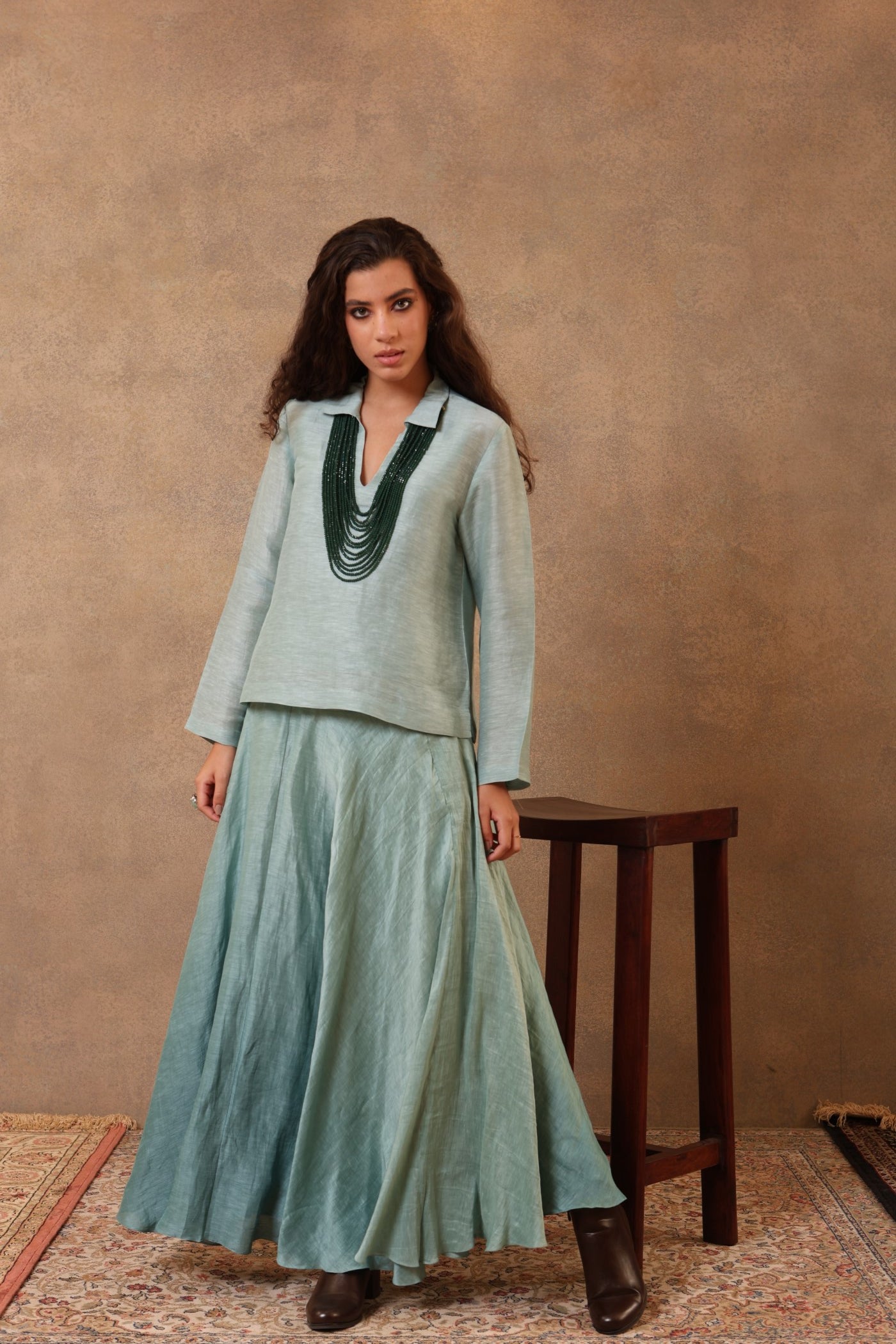 Aqua-Sea Blue Pure Linen-Silk Flared Skirt