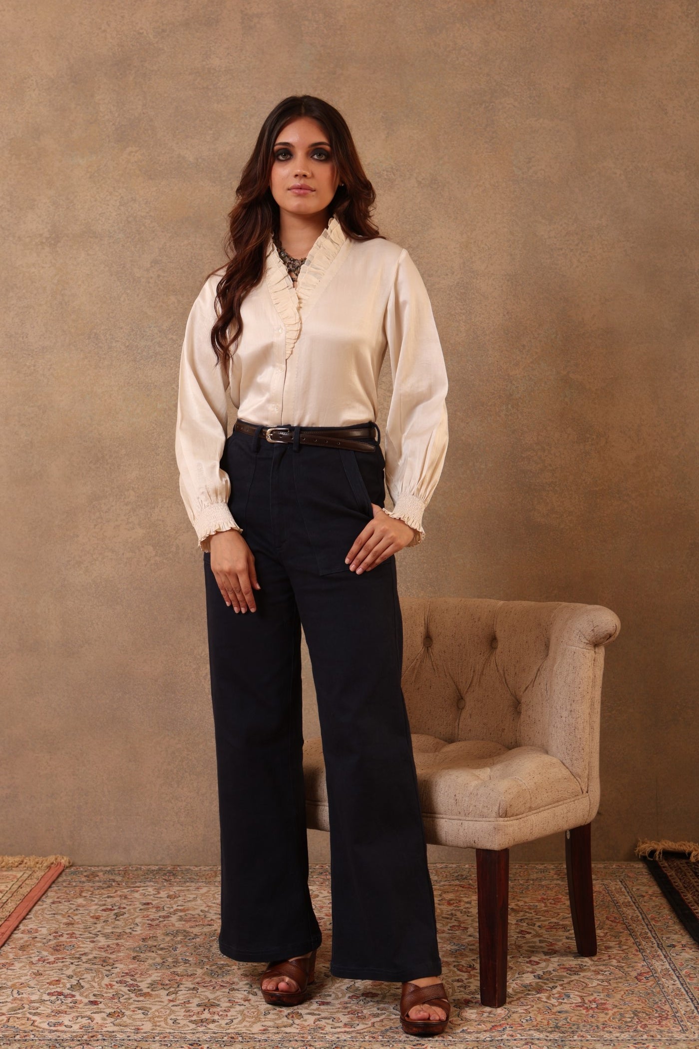 Off-White Handloom Pure Mashru (Silk-Cotton) Frilled Collared Classic Short Blouse