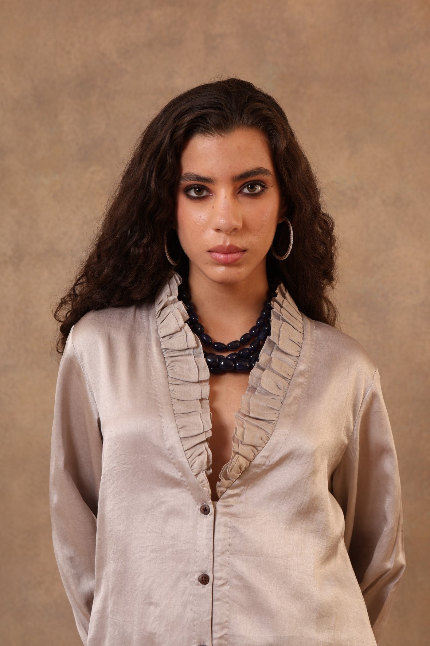Light-Grey Handloom Pure Mashru (Silk-Cotton) Frilled Collared Classic Short Blouse