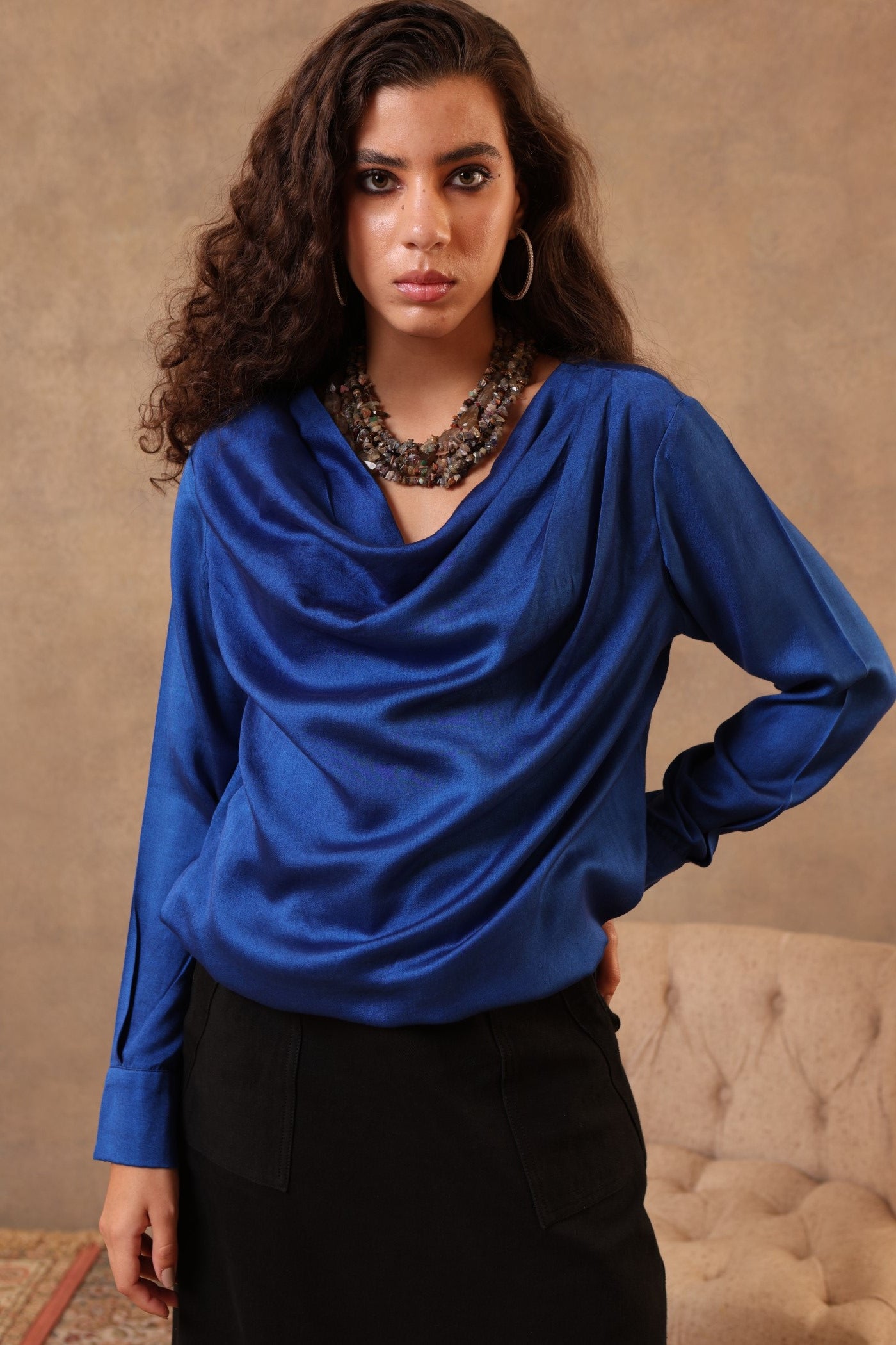 Royal-Blue Handloom Pure Eri-Spun Silk Draped Short Blouse With Cowl Neck