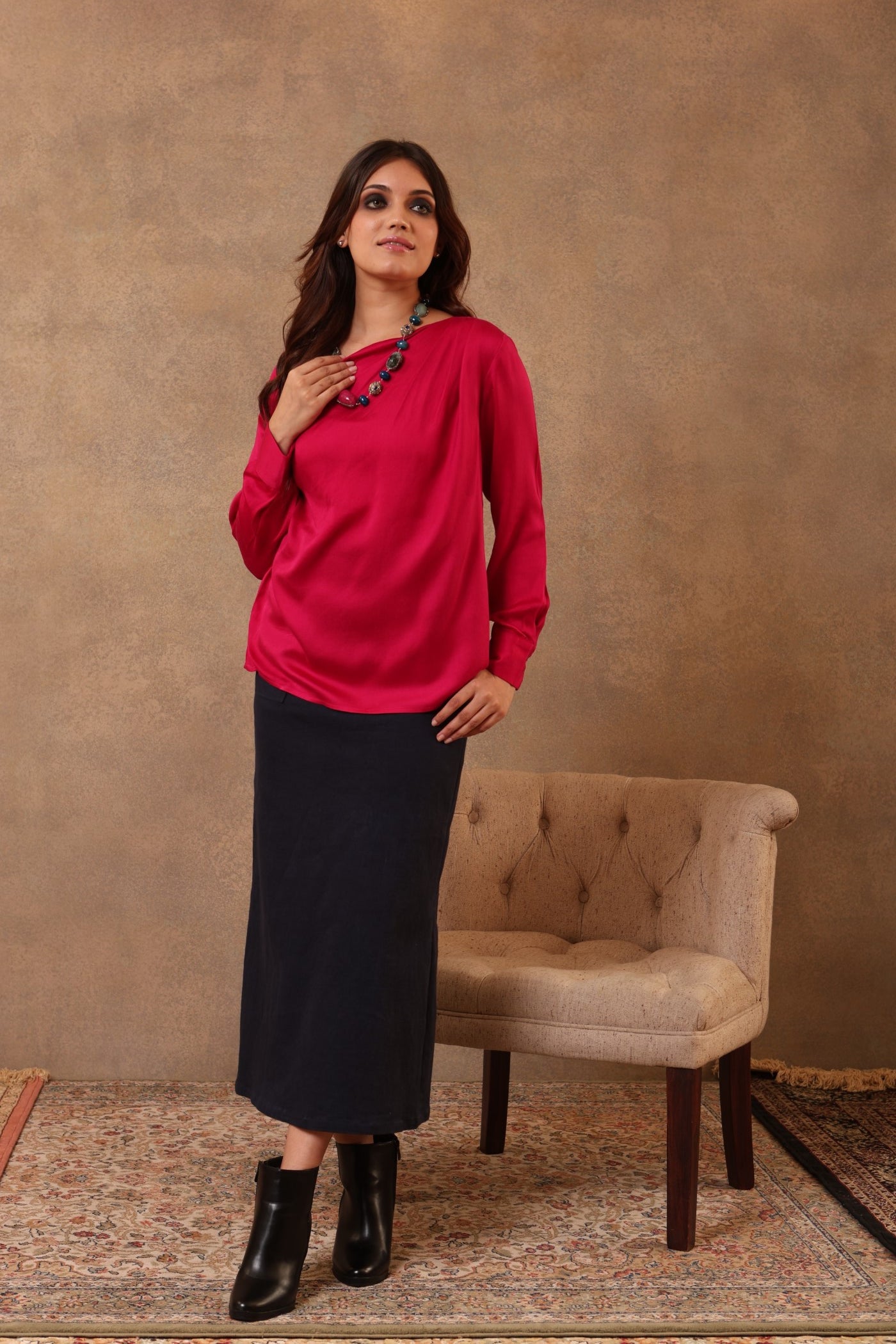 Bright-Pink Handloom Pure Eri-Spun Silk Draped Short Blouse With Cowl Neck