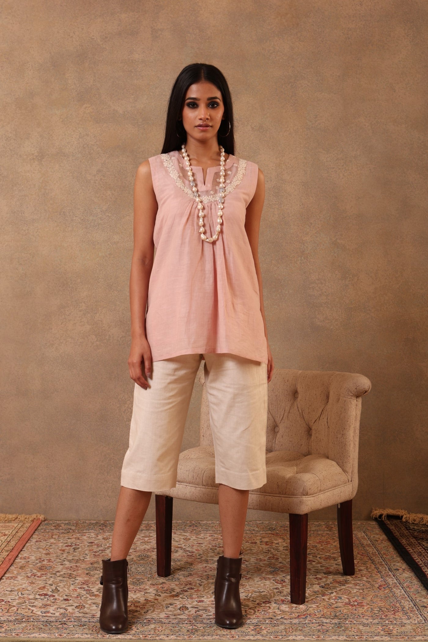 Dusty-Pink Hand-Embroidered Pure Linen-Cotton Sleeveless Short Blouse