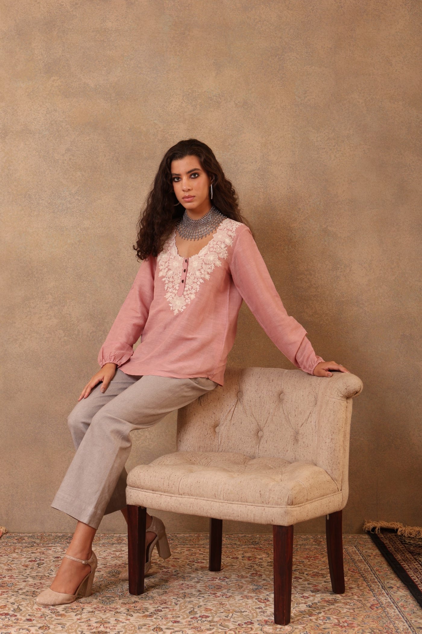 Dusty-Pink Hand-Embroidered (Cutwork) Pure Linen-Cotton Short Blouse With Scalloped Neckline