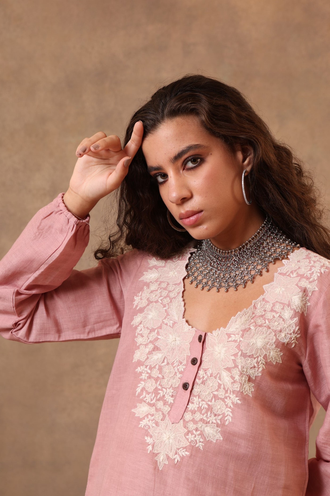 Dusty-Pink Hand-Embroidered (Cutwork) Pure Linen-Cotton Short Blouse With Scalloped Neckline