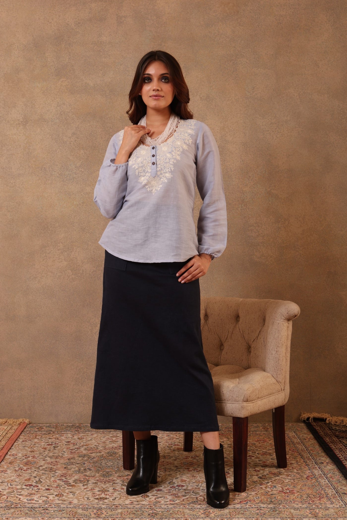 Forever-Blue Hand-Embroidered (Cutwork) Pure Linen-Cotton Short Blouse With Scalloped Neckline