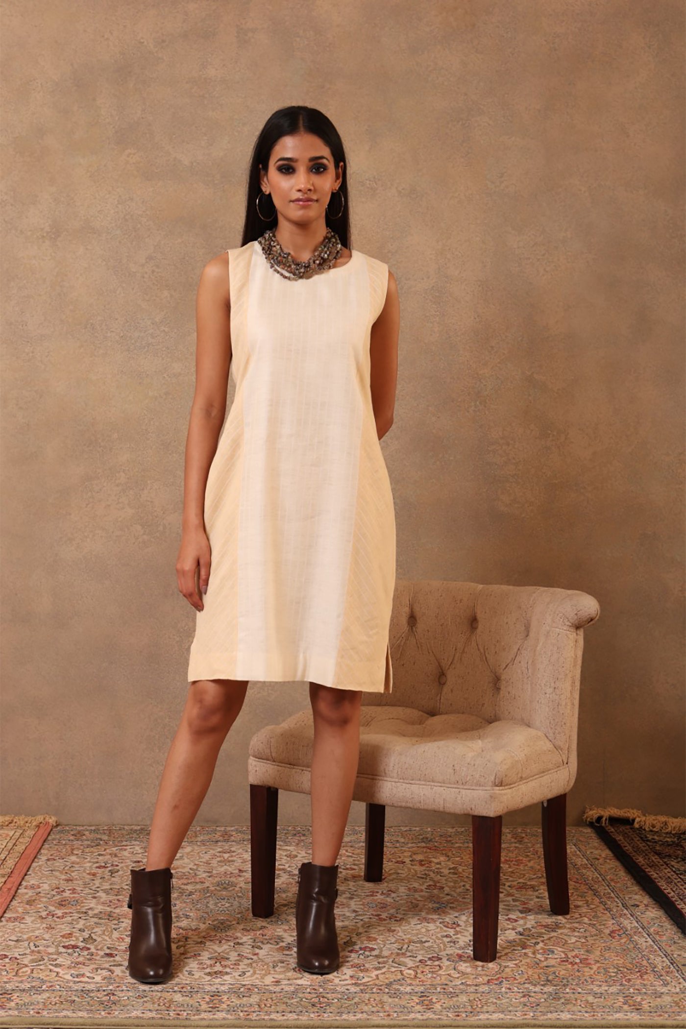 Off-White And Milk-Cream Handloom Pure Mulberry-Eri Silk Sleeveless Short Dress