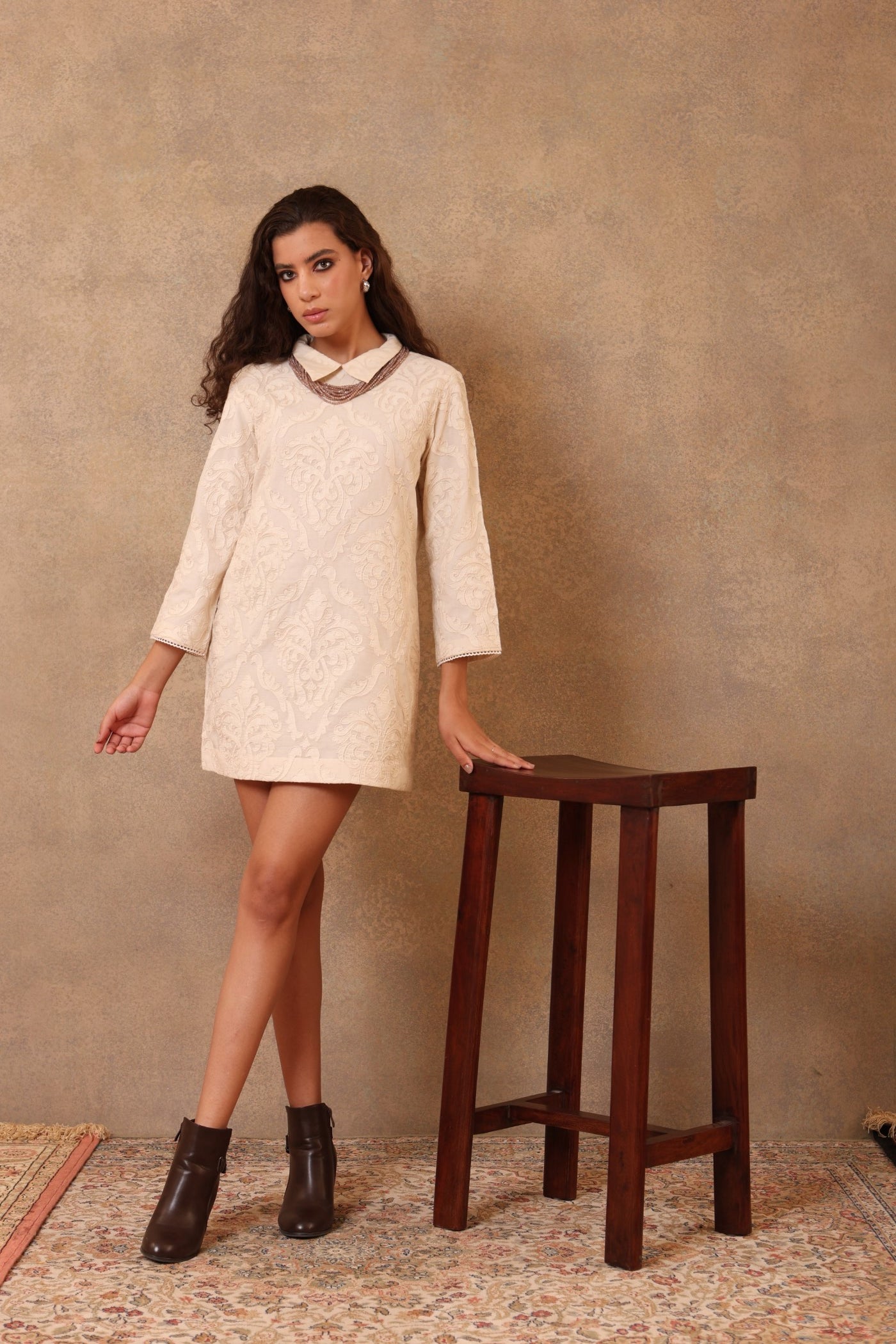 Ivory Hand-Embroidered Pure Silk-Cotton (Cutwork) Collared Short Dress