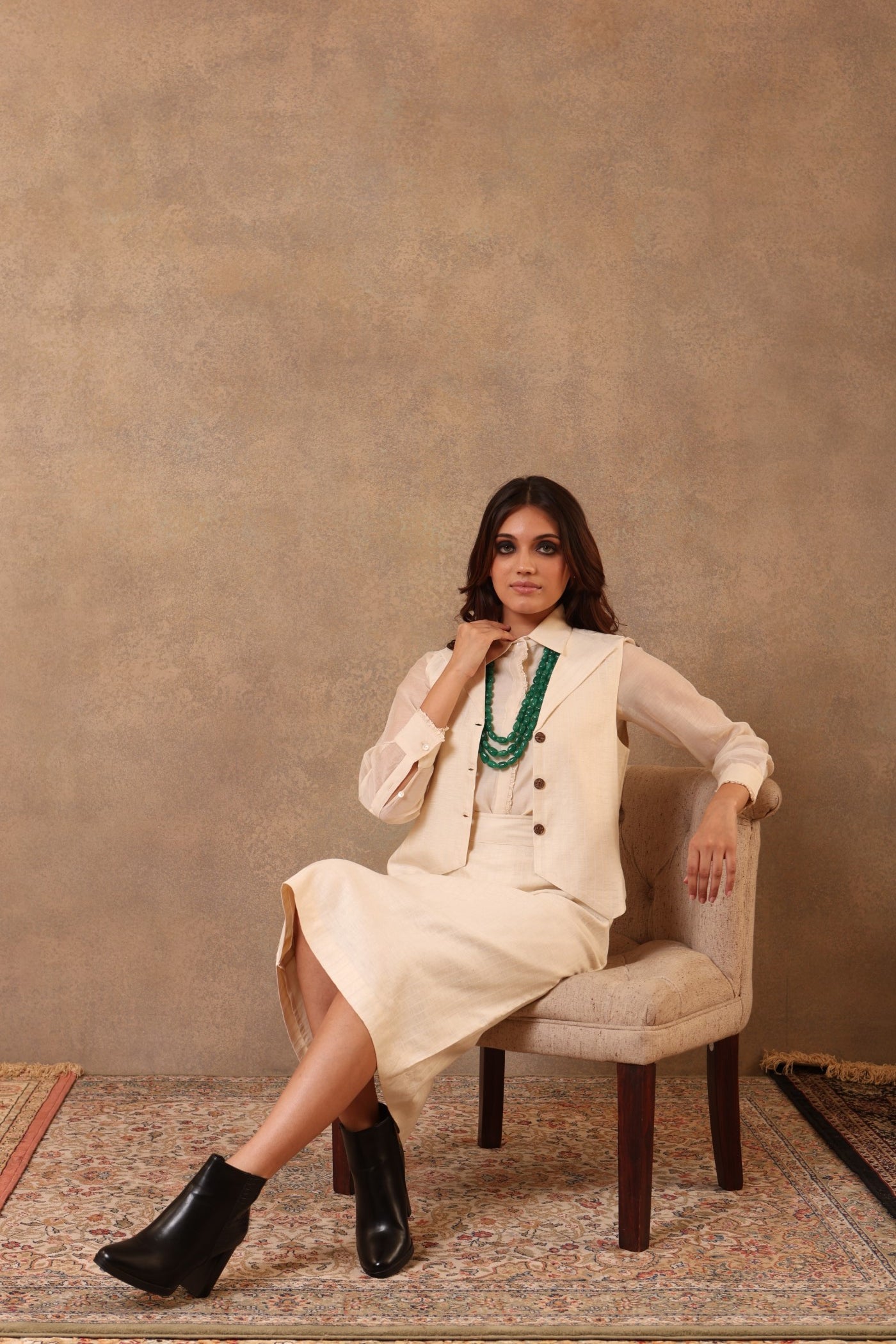 Off-White Handloom Pure Mulberry-Eri Silk (Striped) Skirt