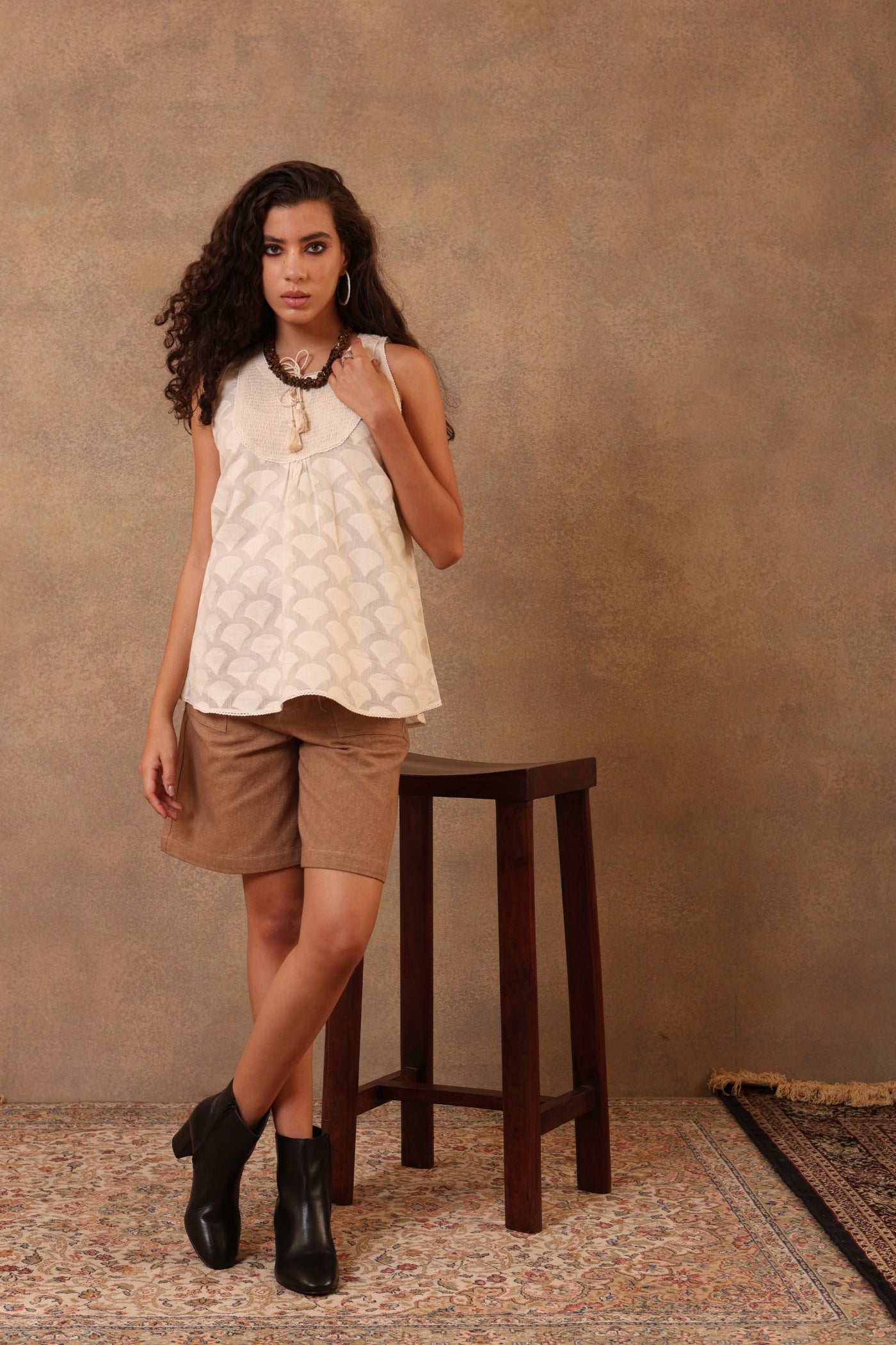 Off-White Pure Silk-Cotton (Cutwork) Short Blouse (Without Sleeves) With Smocking Detail & Hand-Made Tassels