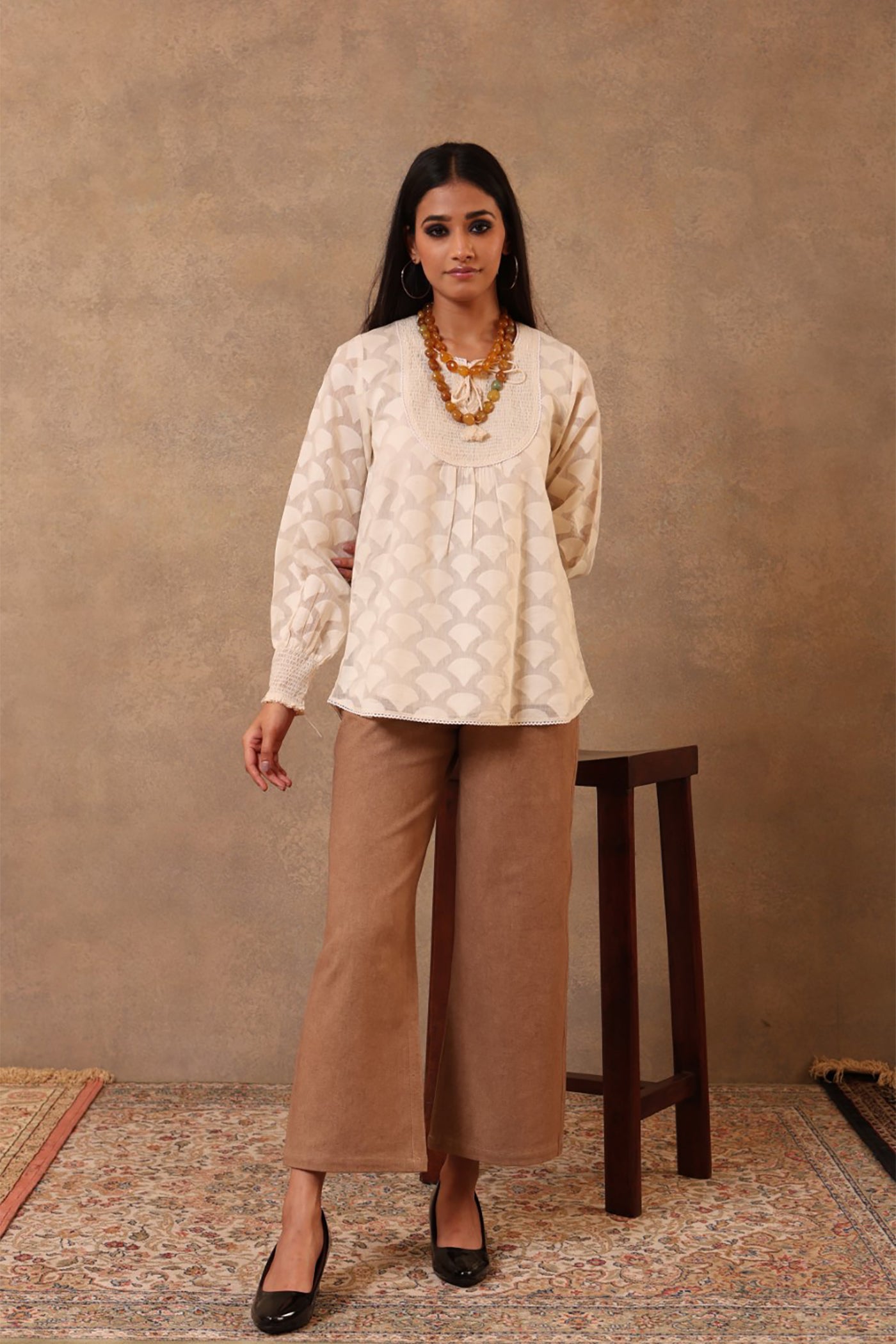 Off-White Pure Silk-Cotton (Cutwork) Short Blouse With Smocking Detail & Hand-Made Tassels