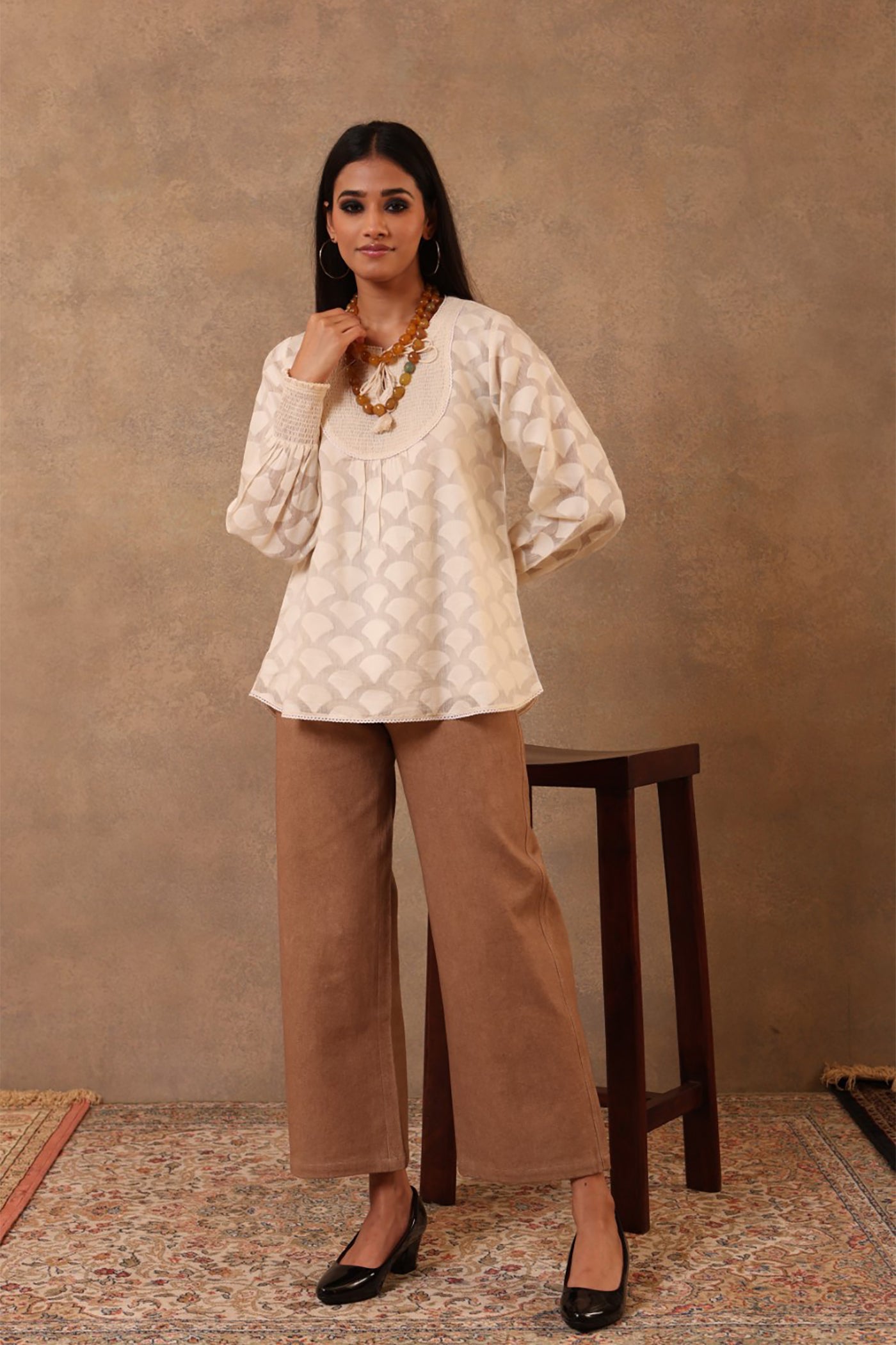 Off-White Pure Silk-Cotton (Cutwork) Short Blouse With Smocking Detail & Hand-Made Tassels